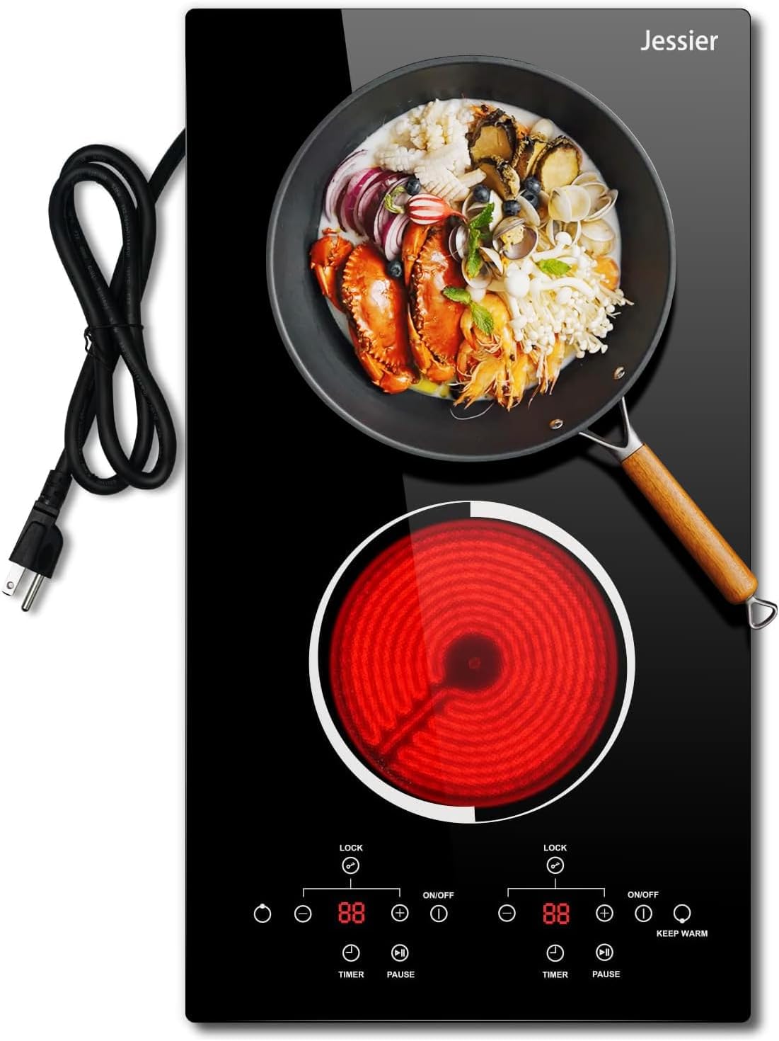 12 Inch Electric Cooktop - 2 Burner Countertop & Built-in Electric Stove Top, 120V Plug in Electrical Cook Top, Timer, Safety Lock, Over-Temperature Protection, Sensor Touch Control