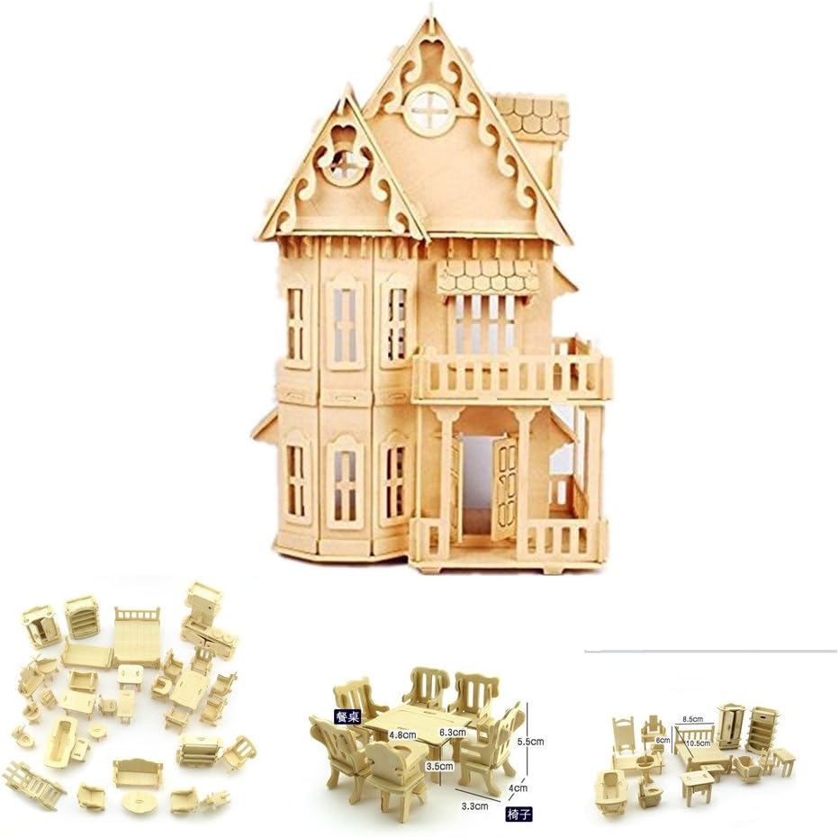 NWFashion 17" Wooden Dream Dollhouse 2 Floors with Furnitures DIY Kits for Christmas Party Dollouse (Gothic Furnitures Sets)