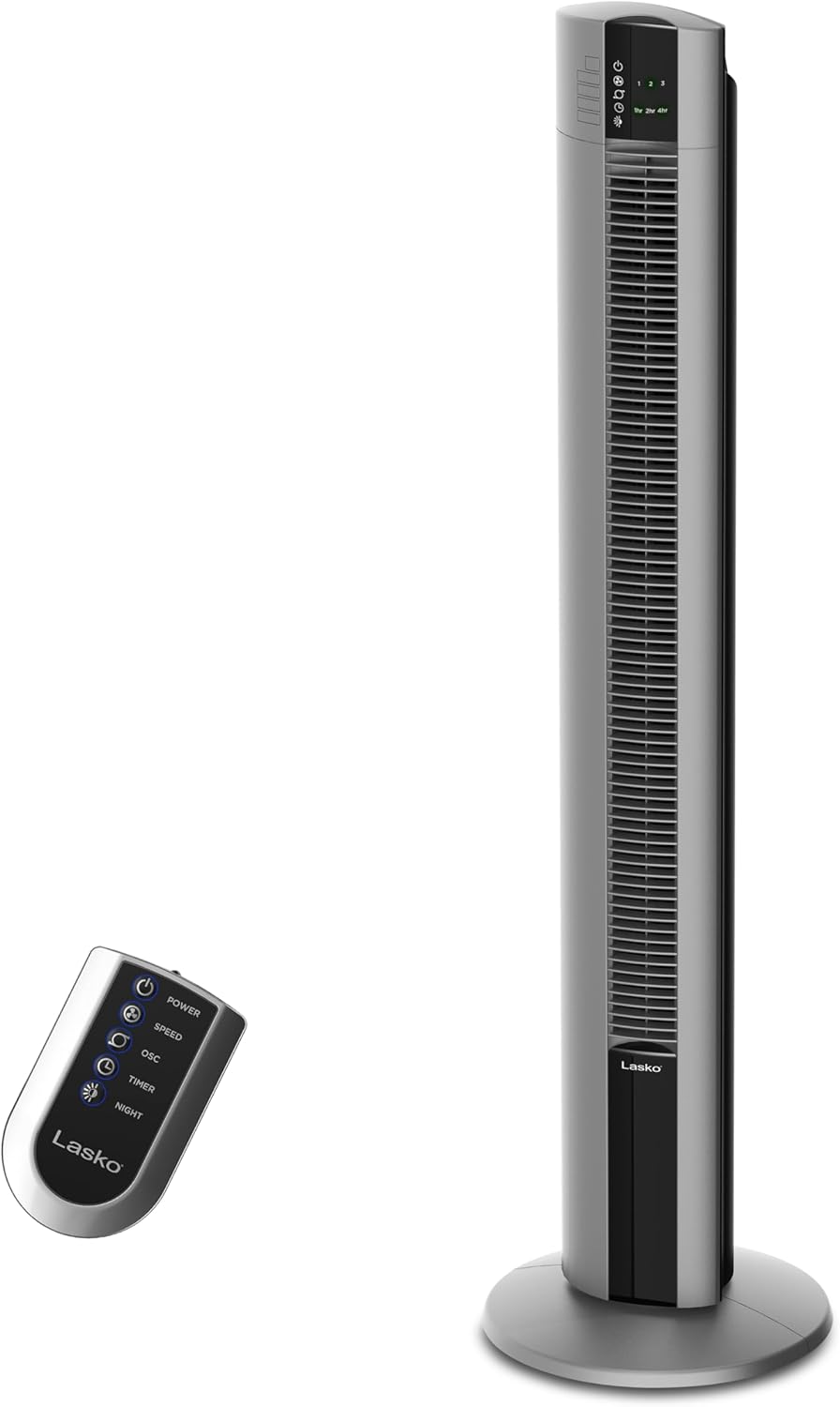 Lasko Tower Fan, Oscillating Performance, Remote Control, Nighttime Setting, Timer, 3 Speeds, High-Velocity Tower Fan, Room Fan for Bedroom or Office, 48" Gray, T48314
