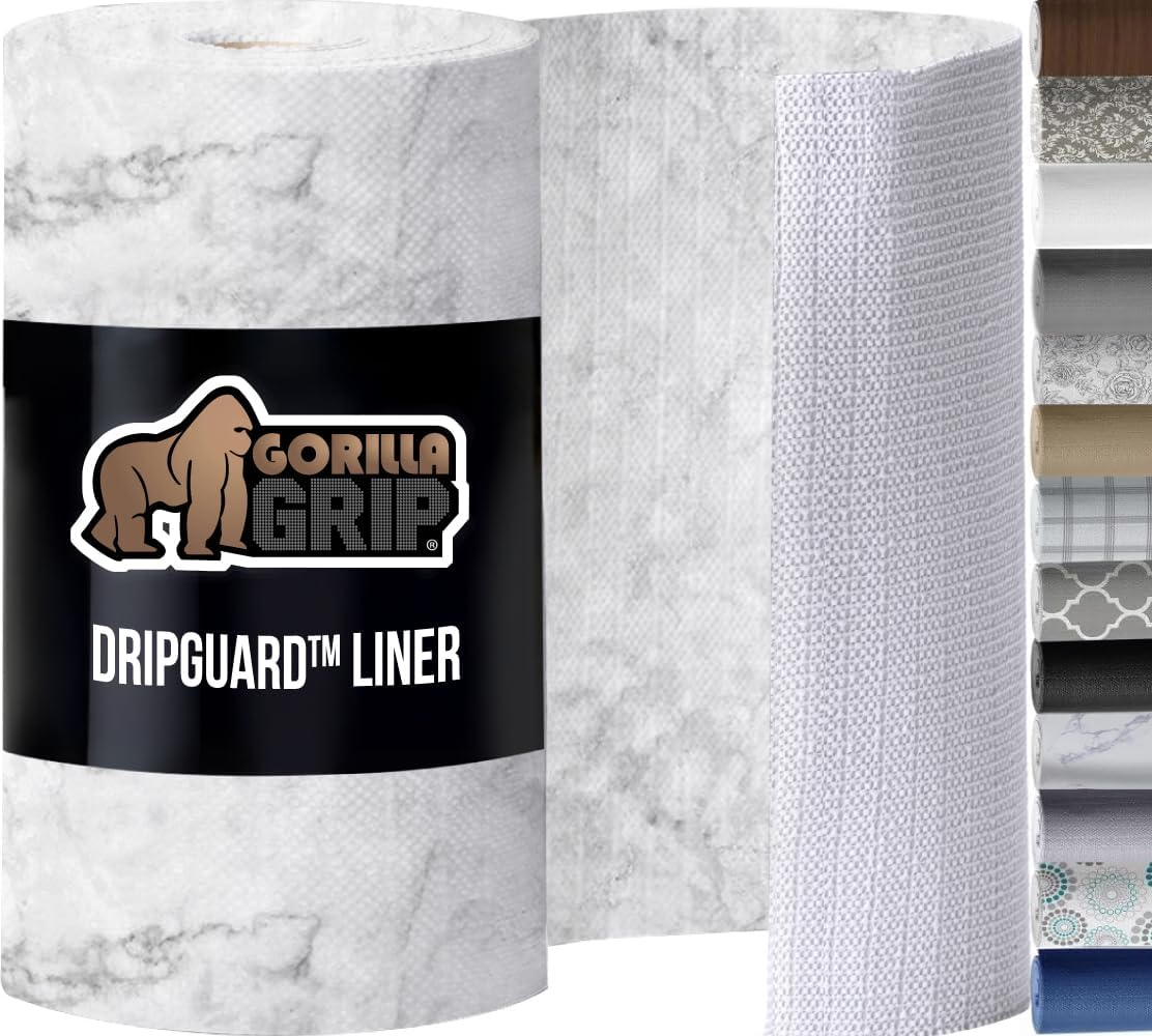 GORILLA GRIP DripGuard Drawer and Shelf Liner for Cabinet, Slip Resistant Non Adhesive Protection for Kitchen, BPA Free Smooth Surface Plastic Liners for Cabinets, Bathroom Drawers, 12x240 Inch Marble