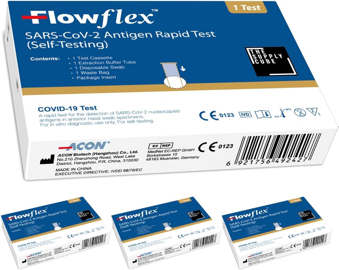 The Supply Cube Flowflex One Step Lateral Flow Test Kit | 4 Single Packs | One Step Test for Sars-CoV-2 Antigen |Covid-19 Self Testing Rapid Test | Not for Travel | 4 Pack Expiry OCT 2025