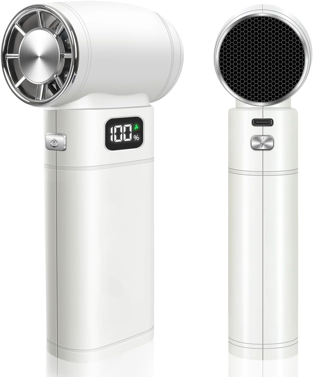 Handheld Mini Turbo Fan 120000RPM 6-Speed Turbo Power 9000mAh Portable High Speed Cooling Personal Fan with Digital Display LED Light for Travel Beach Camping (White)