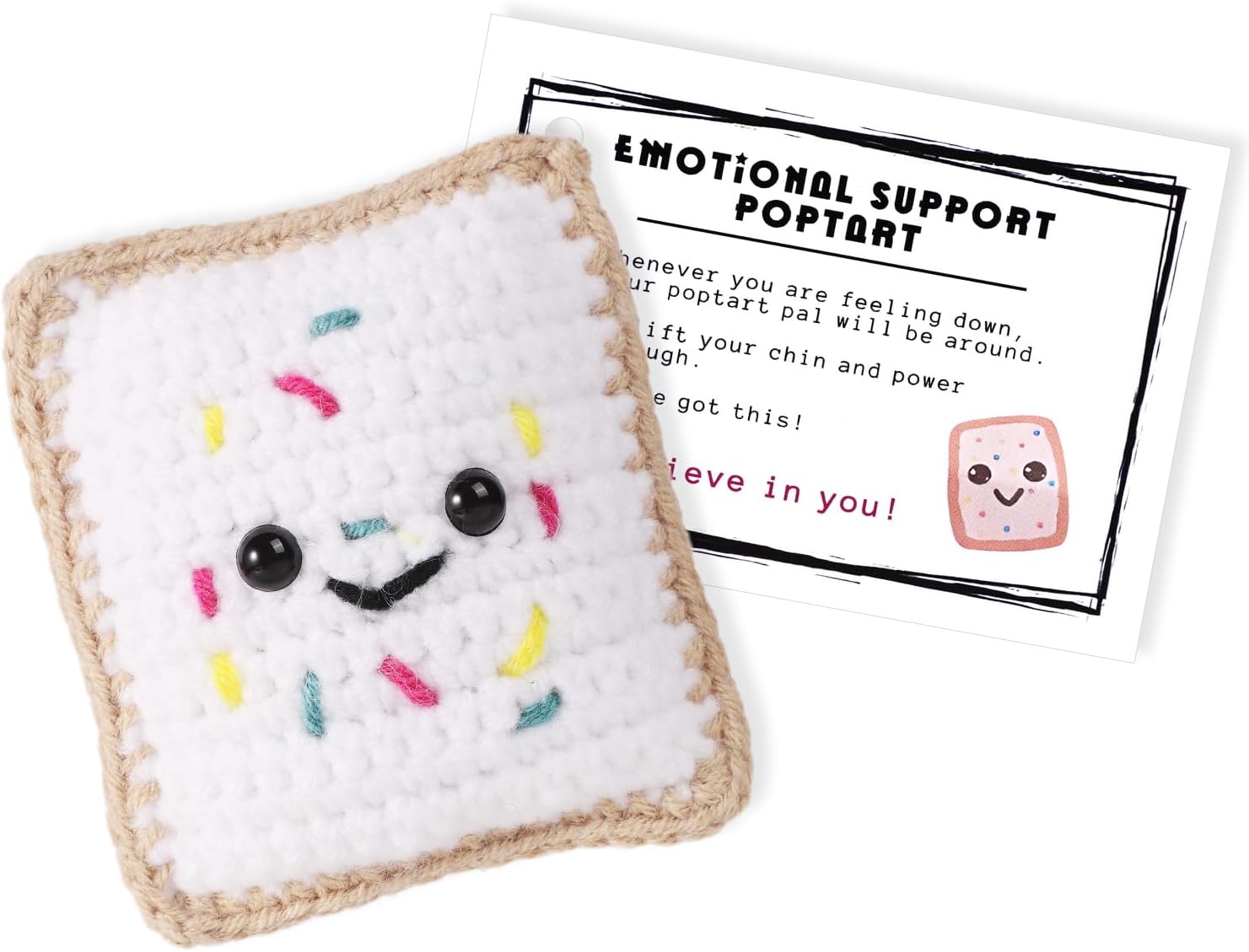 lasuroa Pop Tart, Handmade Funny Positive Food Crochet Toy with Inspirational Card Knitted Knitting Toast Doll Cute Cheer up Tart Gift Reduce Pressure for Women Men Decoration (White)