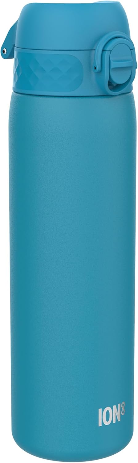 ION8 Vacuum Insulated Steel Water Bottle, 500 ml/18 oz, Leak Proof, Easy to Open, Secure Lock, Dishwasher Safe, Fits Cup Holders, Carry Handle, Scratch Resistant, Durable Stainless Steel, Blue
