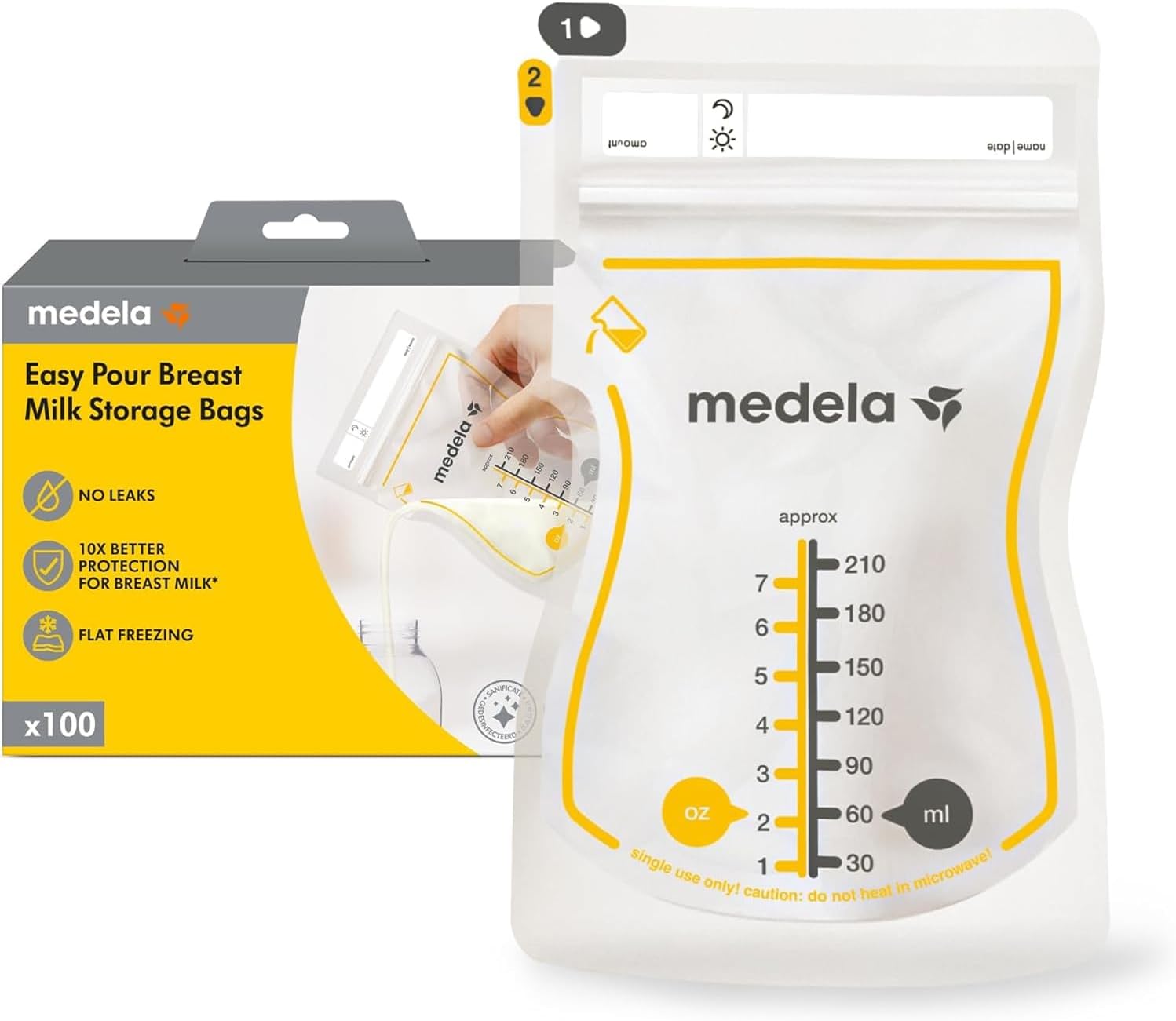 Medela Easy Pour Disposable Breastmilk Storage Bags, 210 ml Capacity, Leakproof Design with Milk Protection, Made Without BPA, Pack of 100