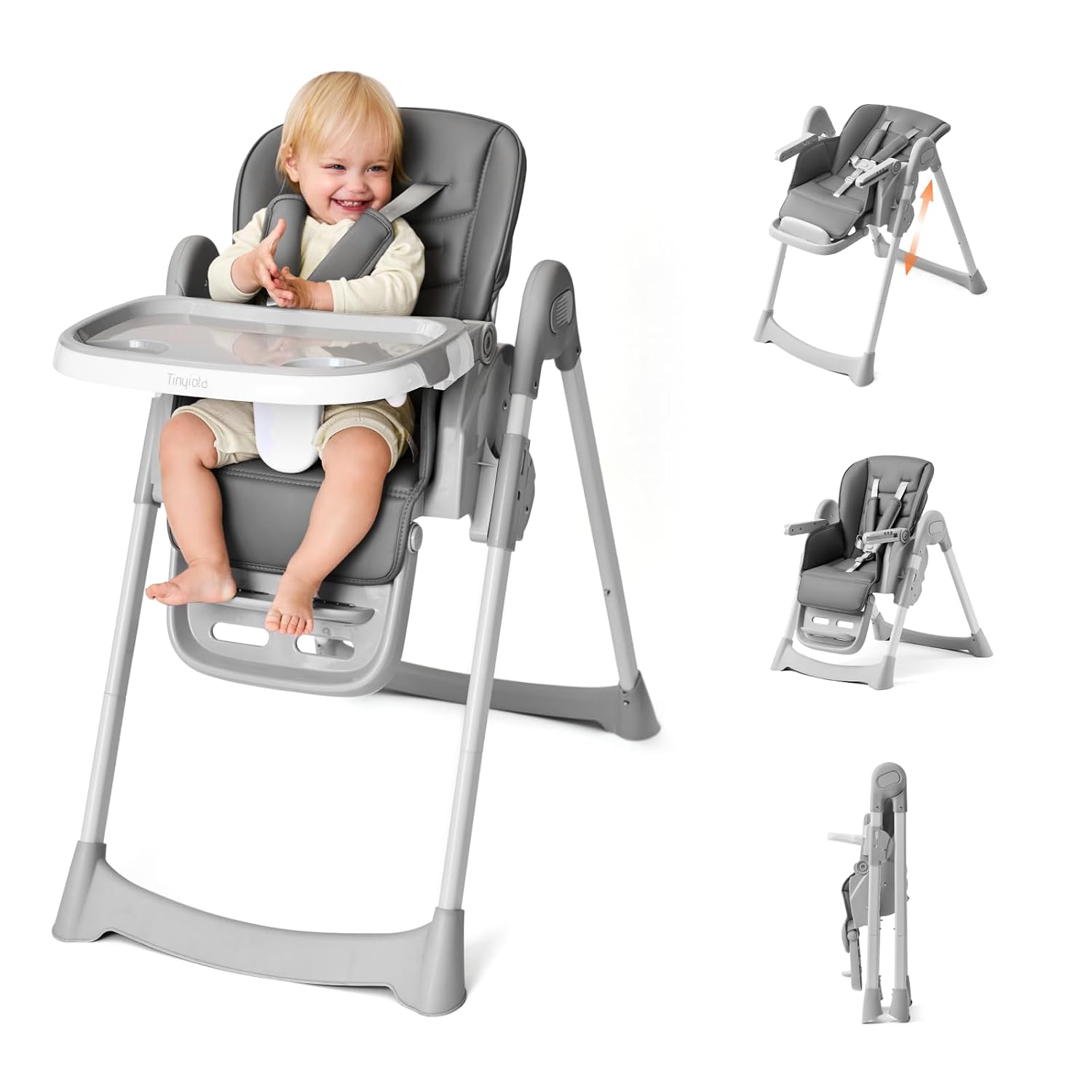 Tinyiota 4 in 1 High Chair for Babies and Toddlers with Wheels, 8-Height Adjustable & 3-Position Recline, Easy Clean, Dishwasher Removable Tray, Foldable HighChair for Infant, Meets ASTM Safety, Grey