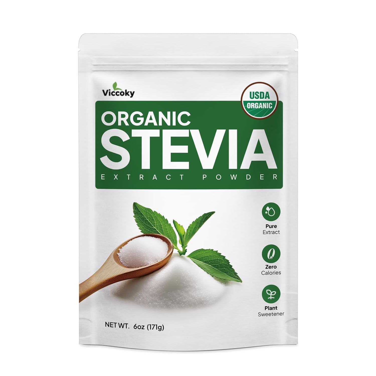 Viccoky Organic Stevia Powder 6oz (171g), Stevia Extract Powder, Sugar-Free & 0 Calories, Sugar Substitute, Natural Sweetener