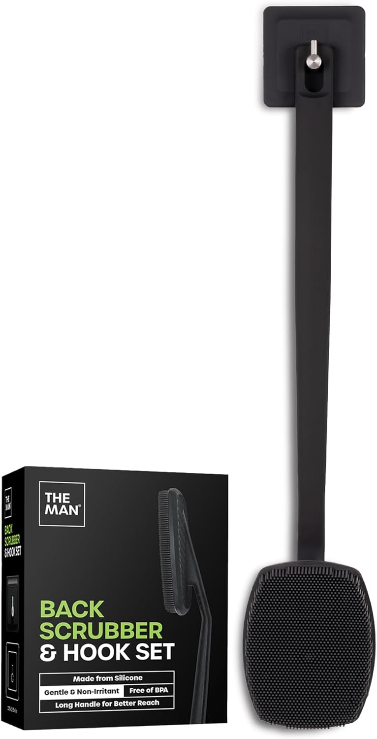 The Man Silicone Back Scrubber for Men - Exfoliating Back Scrubber Brush for Shower with Longer Handle - Body Scrubber Brush - Shower Accessory with Hook (1 Set)