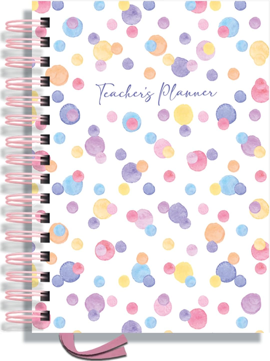 Teacher Planner 2025-2026 A5 size by Pirongs | 5 Lesson Planner for Teachers | Page a day | Undated, Hardback, Wiro-bound Teachers Planner - Polka Party