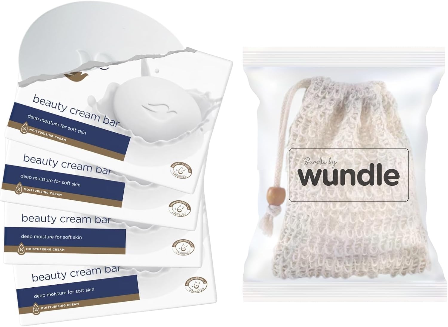 Bundle Soap Saver Exfoliating Pouch compatible with 4 x Beauty Moisturising Soap Bars (Beauty Cream)