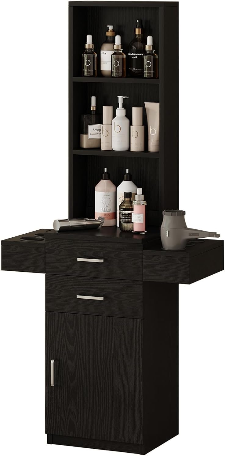 4ever2buy Salon Station for Hair Stylist, Salon Station with Barber Cabinet, Hair Station Equipment Hair Dryer Holder, Drawers, Storage Cabinet for Hair Styling, Black