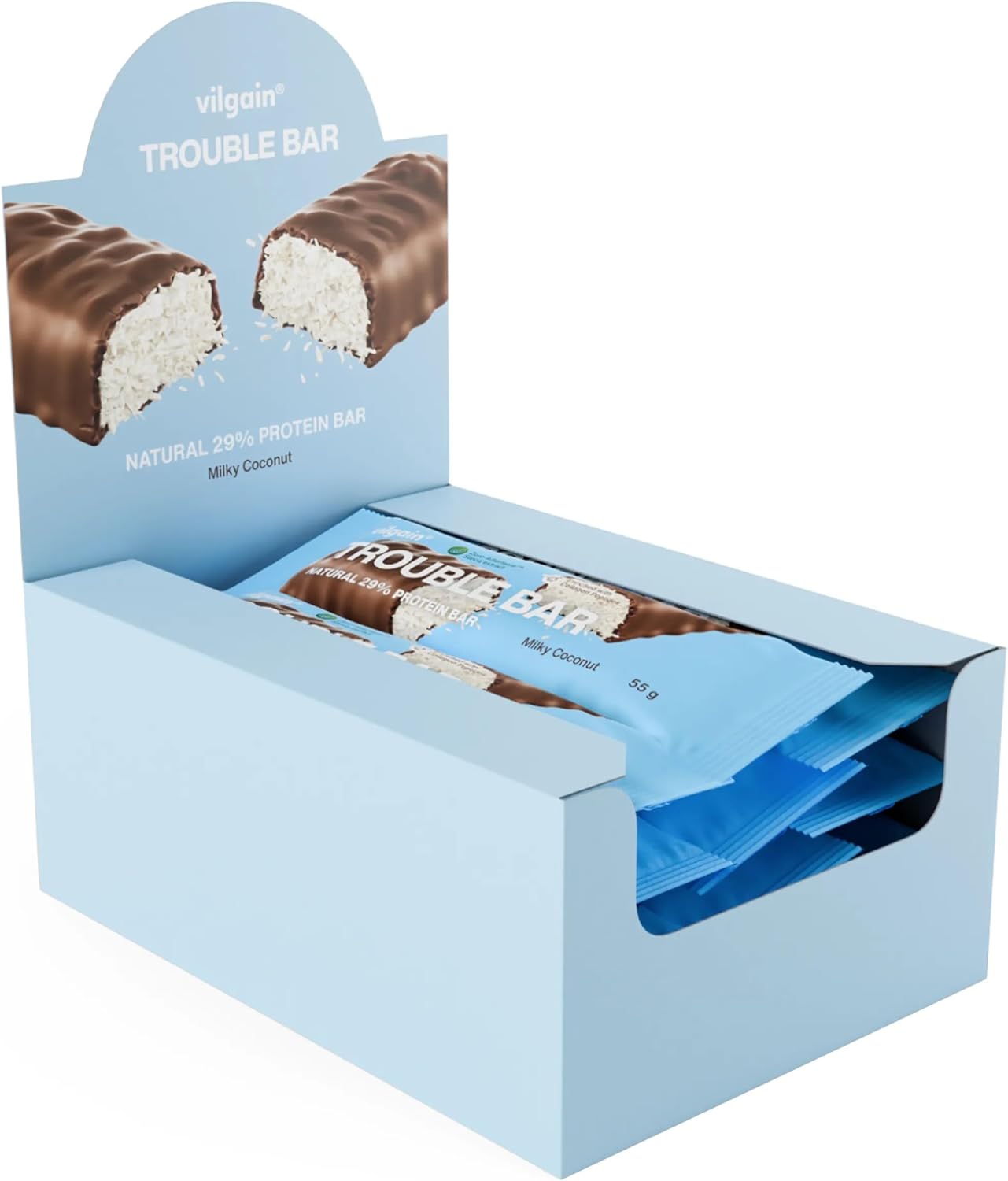 Vilgain Double Trouble Protein Bar | Two-layer nut bar with 29% protein & stevia sweetness | Bar ideal for muscle building & snacking (12x55g, Coconut)