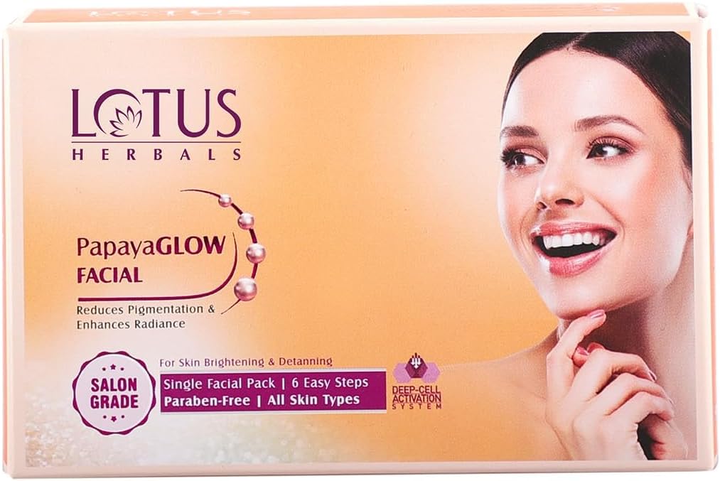 Lotus Herbals PapayaGlow Facial Kit with Peeling Mask, 4 in 1 Formula for All Skin Types, Reduces Pigmentation and Instant Glow (Single Use)