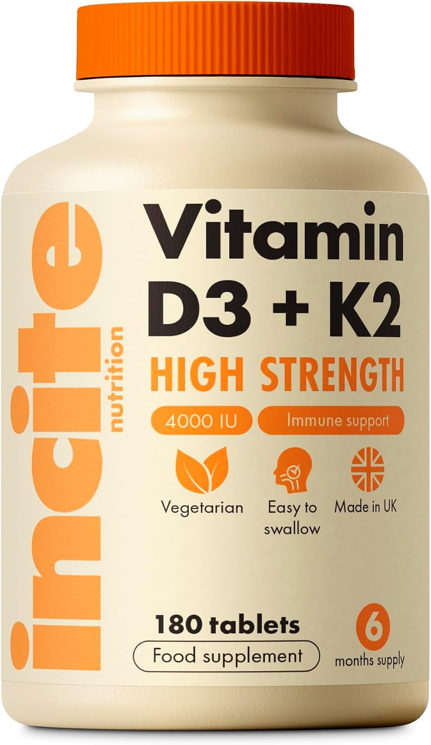Vitamin D3 K2 (MK7) 100ug - 6 Month’s Supply - High Strength 180 Tablets - Premium Vegetarian Tablets - Suitable for Vegetarian - Vitamin D3, 4000iu & K2 - Made in UK