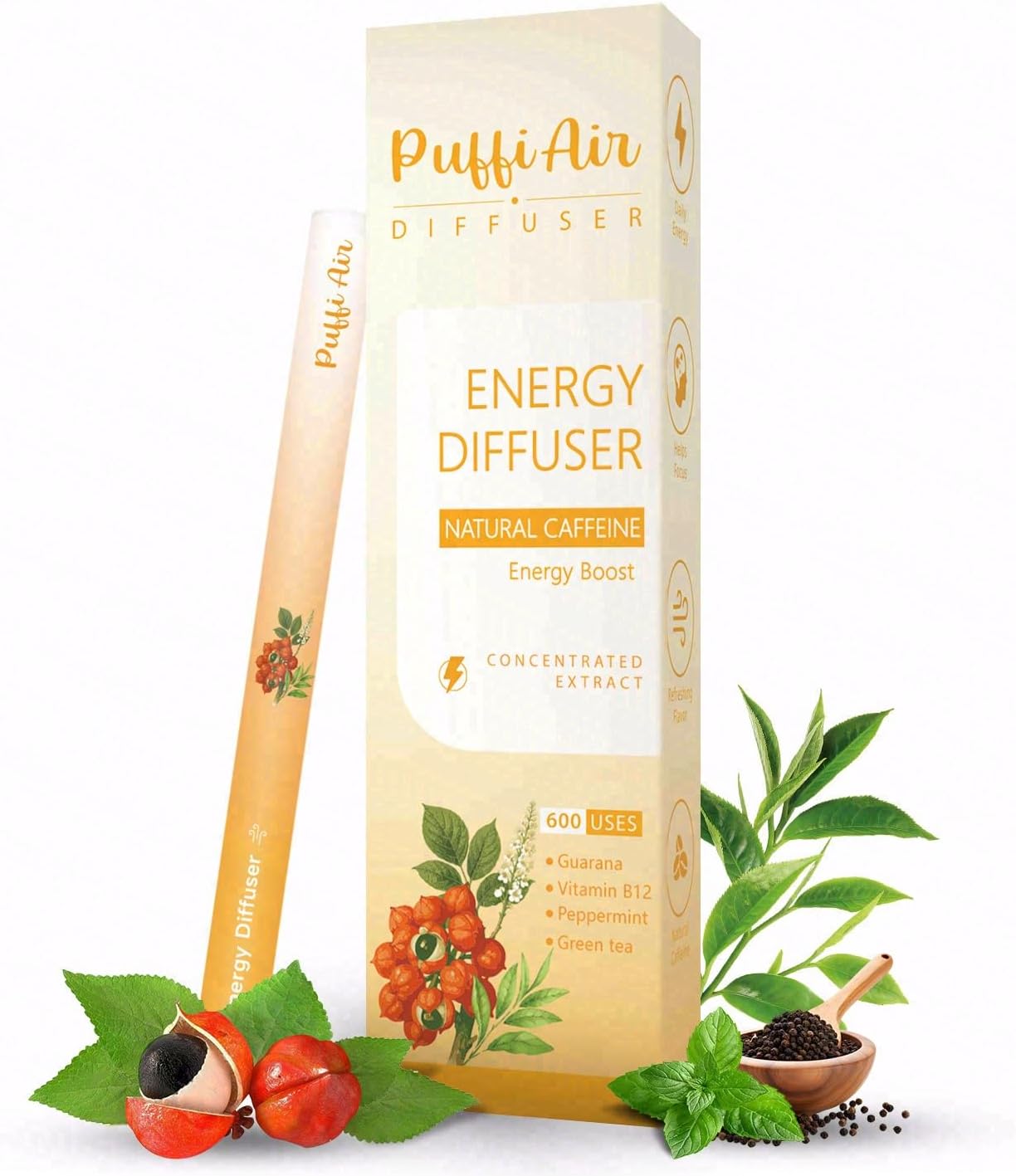 PUFFIAIR Herbal Inhaler | Guarana, Green Tea Extract, Peppermint & Menthol - Revitalize Energy | Sharpen Focus | Oral Habit Support - 600 Uses