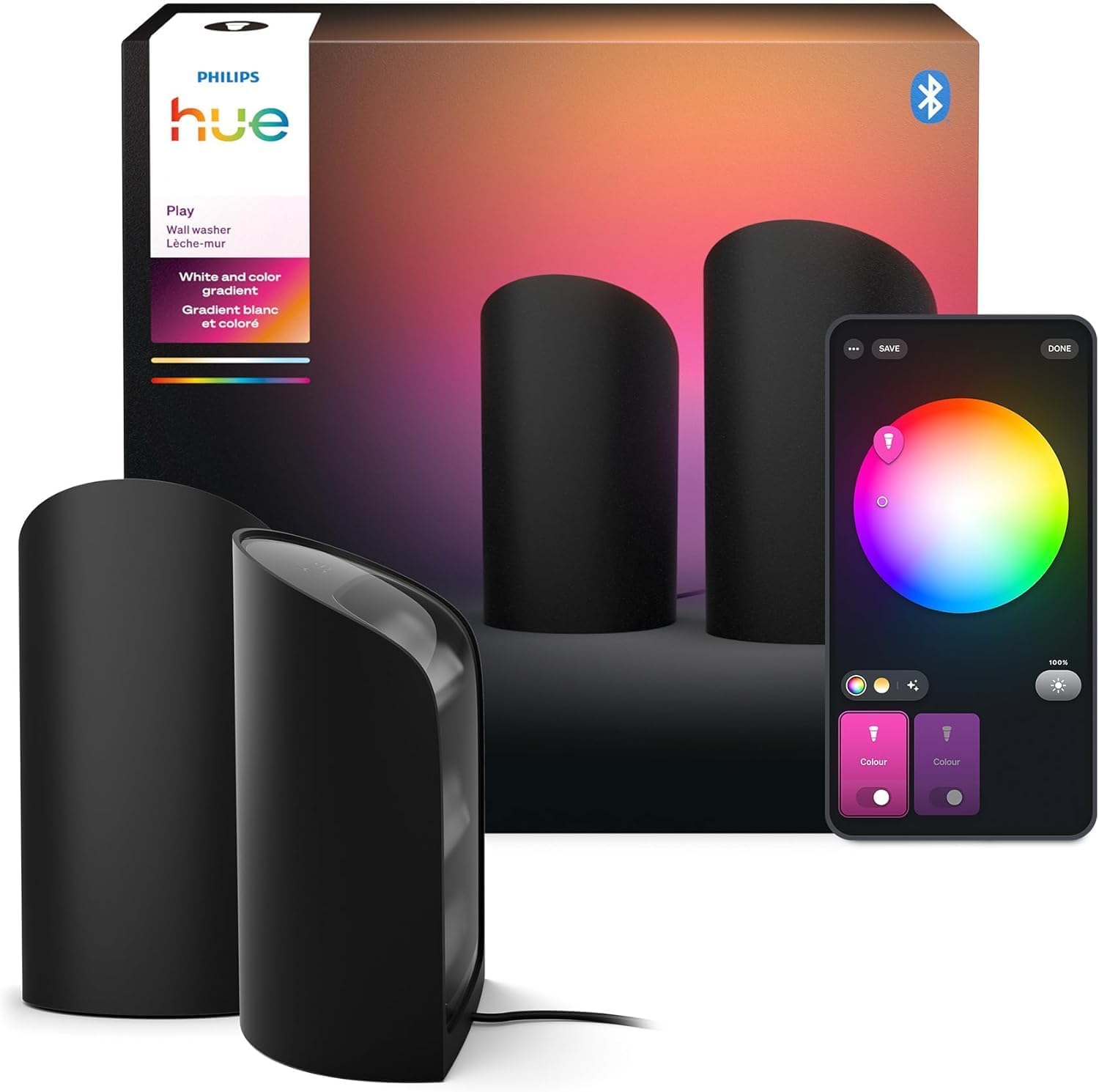Philips Hue Play Smart Wall Washer, 2-Pack, Black | White & Color Gradient, LED Light, ColorCast Technology, Wall Washer Lighting, Compatible with Bluetooth
