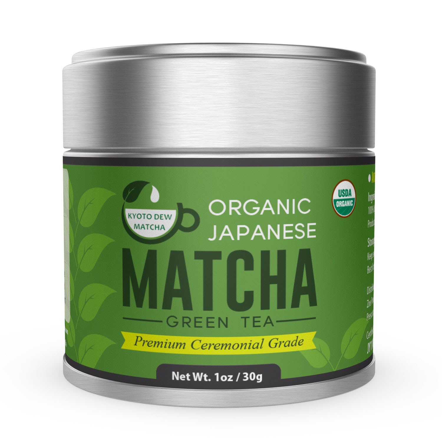 Kyoto Dew Matcha – Organic Ceremonial Grade Japanese Green Tea Powder from Uji, Kyoto – Shade-Grown, First Harvest, Stone-Ground – 100% Pure, No Fillers, USDA & JAS Certified – 30g (1oz) Tin
