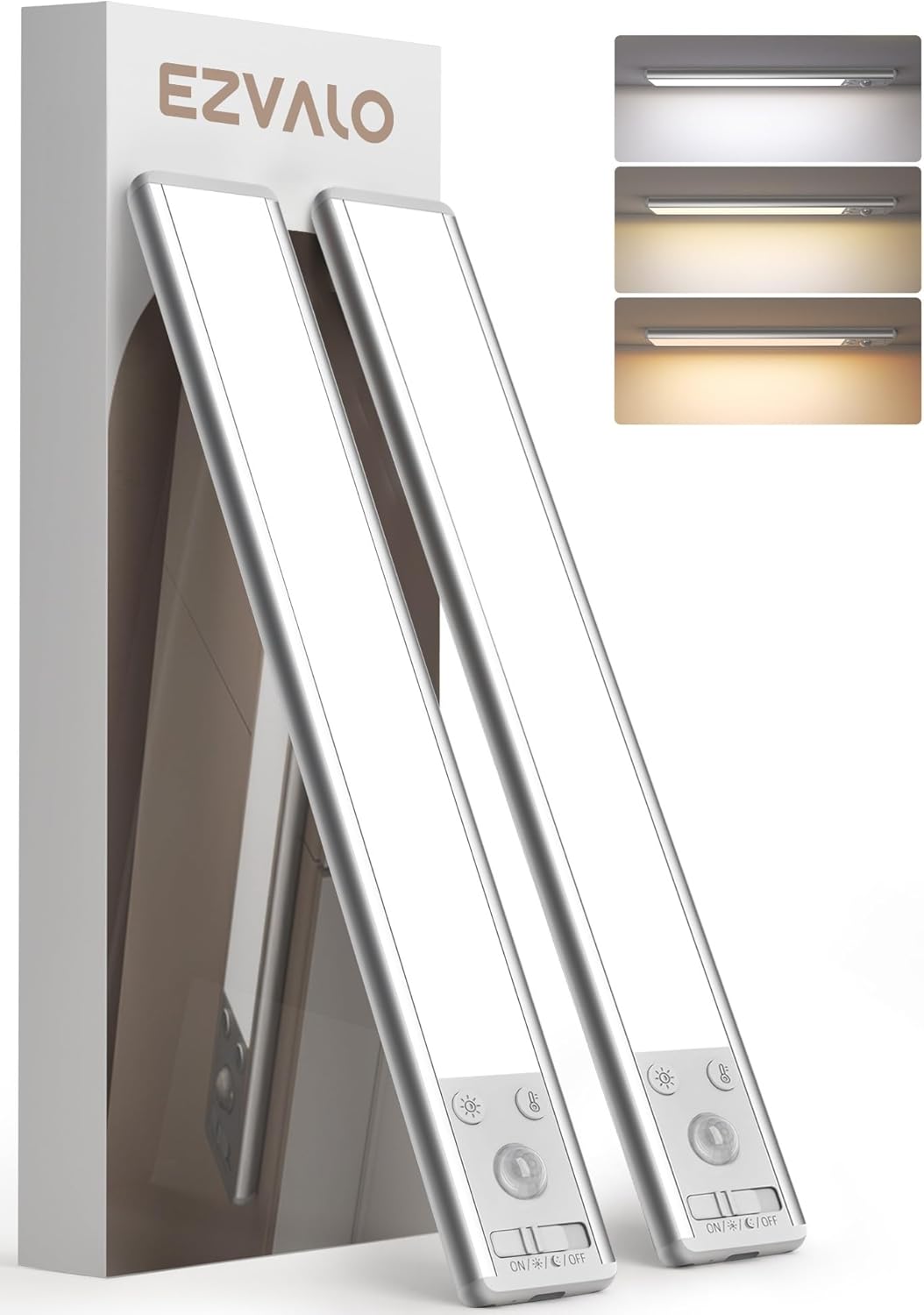 EZVALO Under Cabinet Lighting, 2400mAh Rechargeable Motion Sensor Light Indoor, 3 Color Temps, 5-Level Dimmable Magnetic Wireless Closet Lights for Kitchen, Pantry, Stairs (2 Pack)