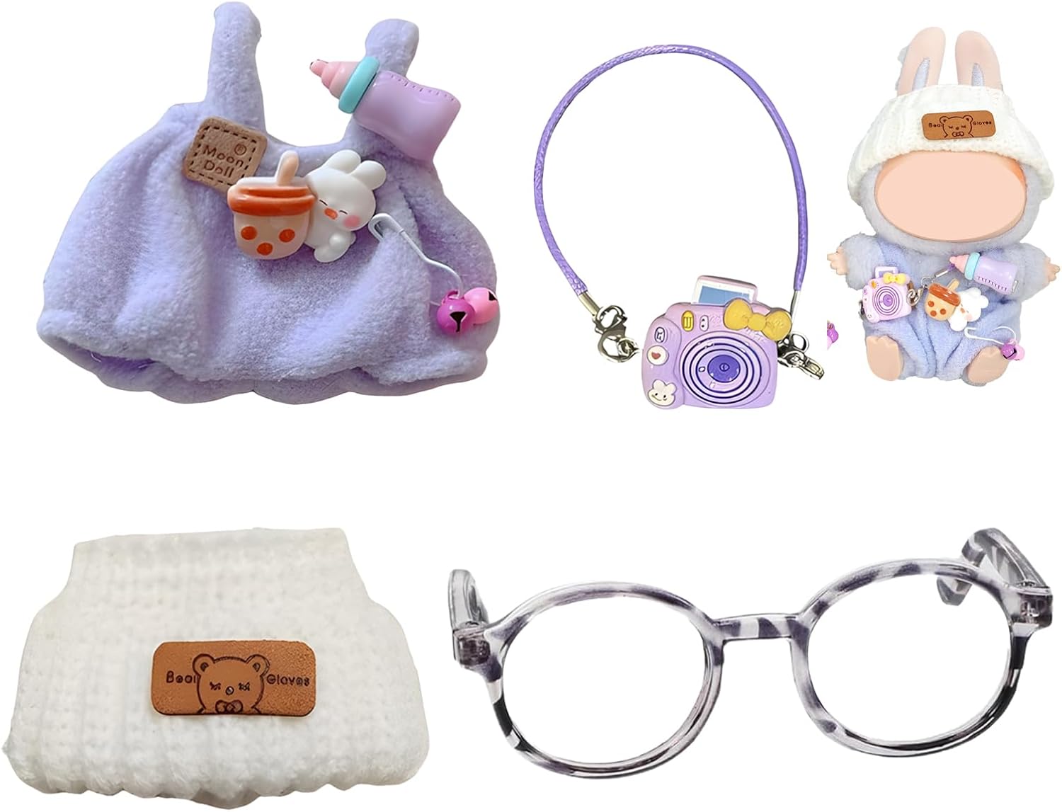 4Pcs Set Doll Clothes for Labubu, Dolls Clothes Doll Outfit Set for 17cm Dolls Accessories Sitting 1hat + 1romper + 1camera + 1glasses Backpack No Doll