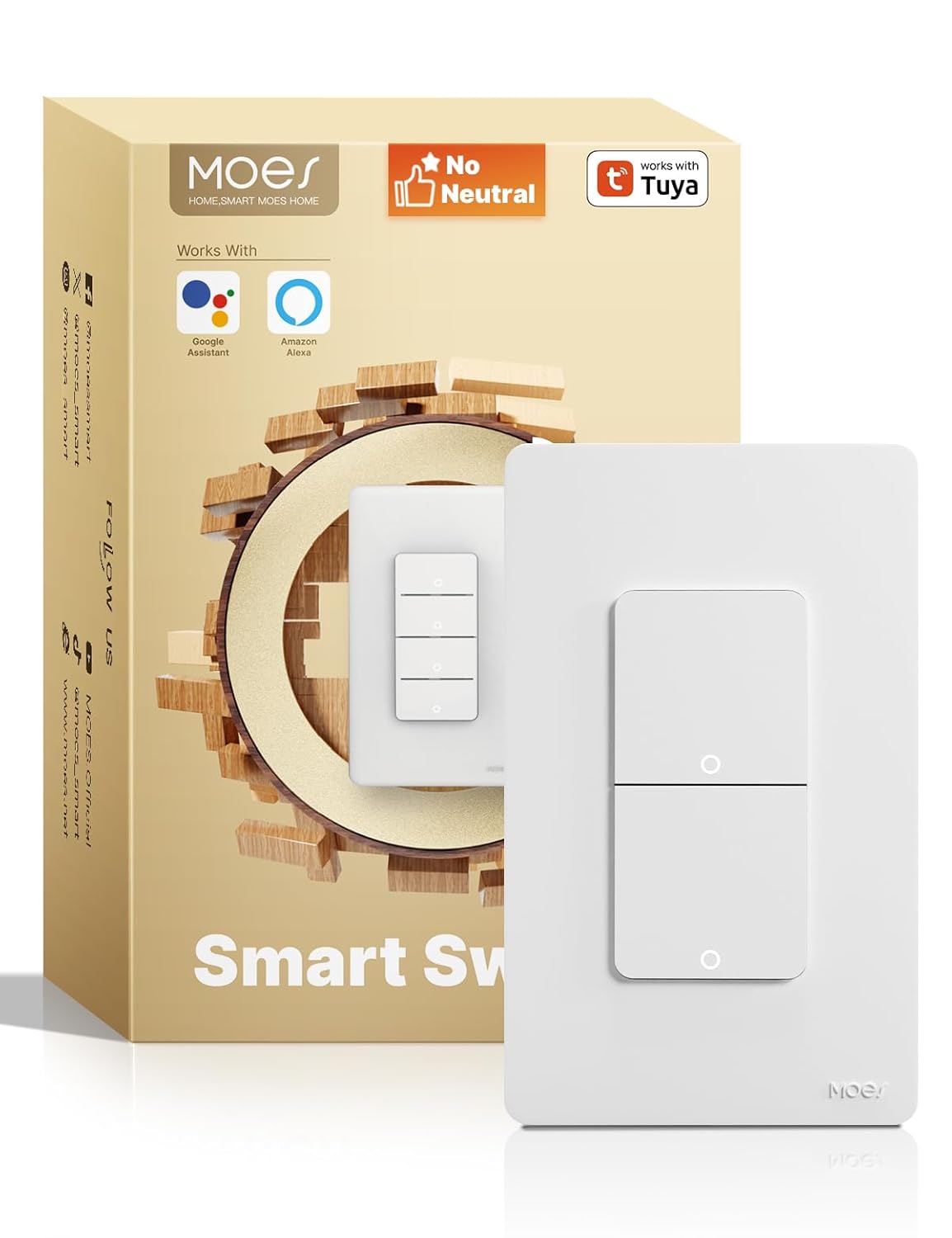 MOES Smart Double Light Switches, WiFi 2 Gang Single Pole Switch, No Netural Wire No Hub Required, 2.4GHz Switch Combo Compatible with Alexa Google Assistant