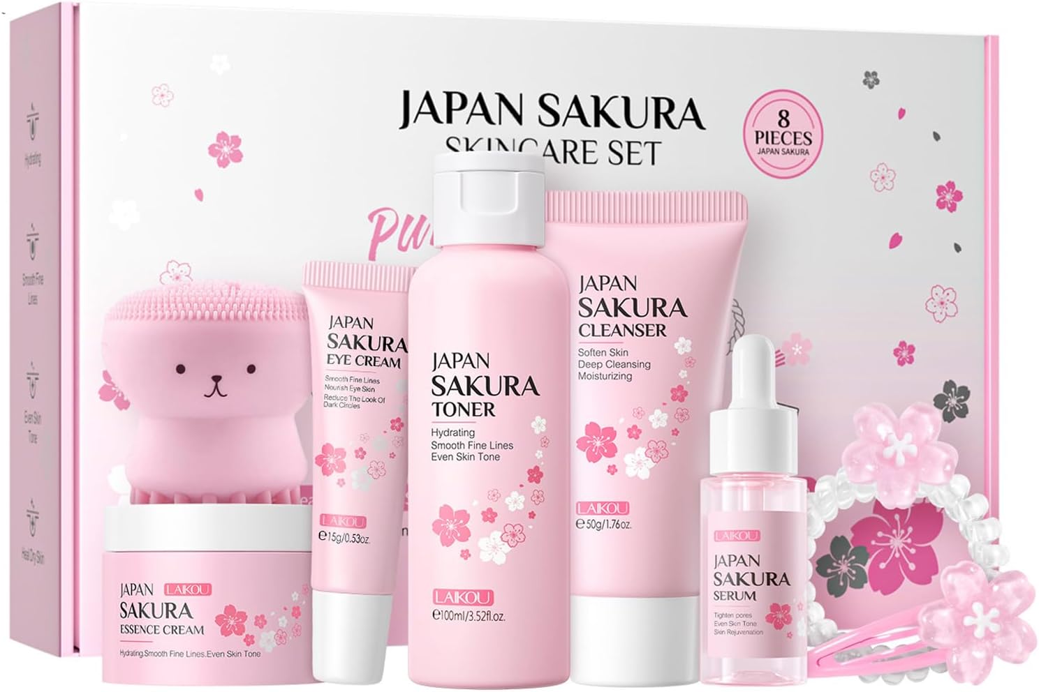 Skincare Sets with Facial Cleansing Brush - Cherry Blossom Skincare Gifts For Teenage Girls - Pamper Sets For Women Gifts - Skin Care Sets & Kits for Gentle Exfoliating,Blackhead,Deep Cleaning (A)