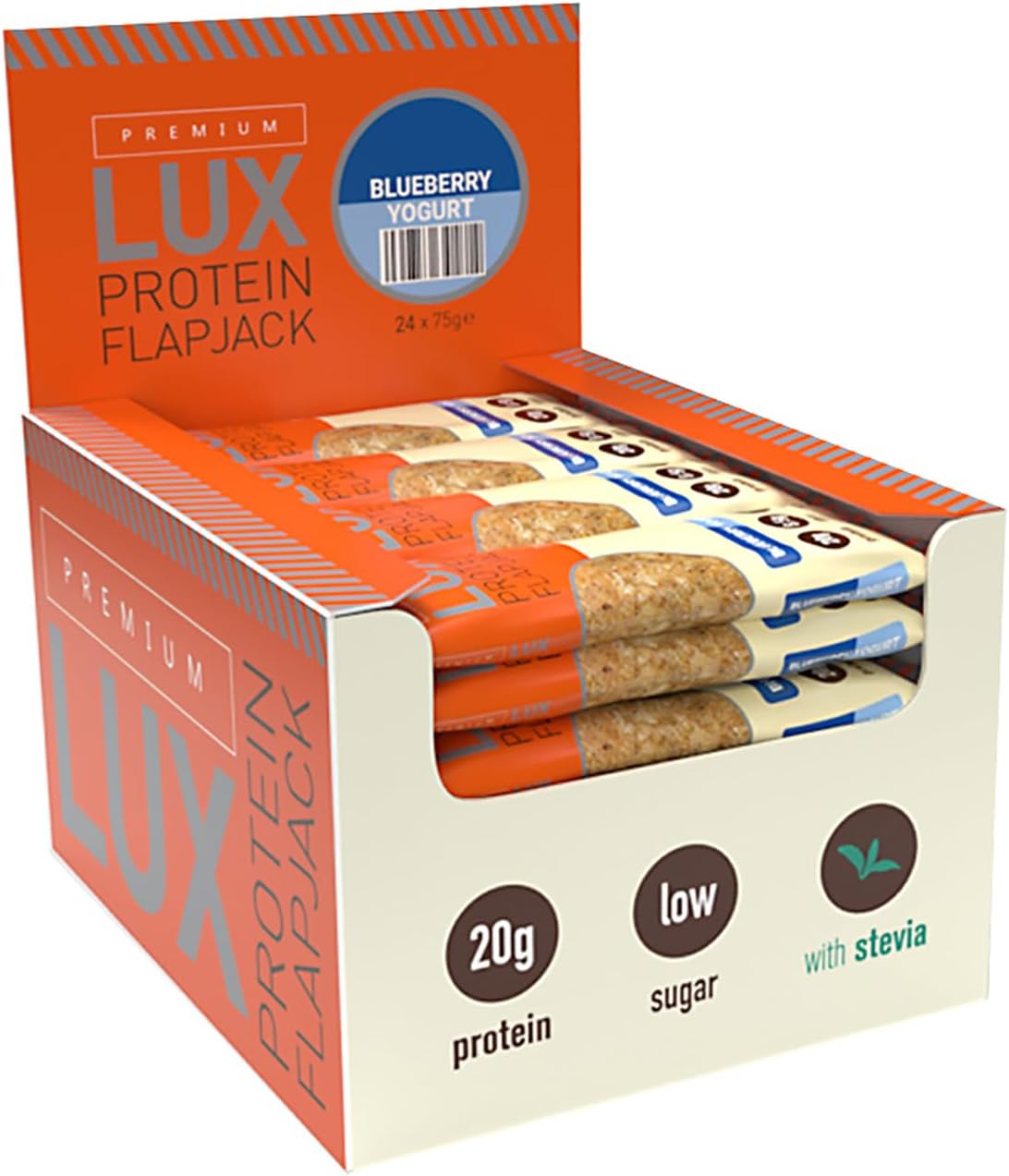 Premium LUX Protein Flapjack Bars - High Protein, Low Sugar Snack – Bodybuilding Warehouse - Blueberry Yogurt (24 x 75g)