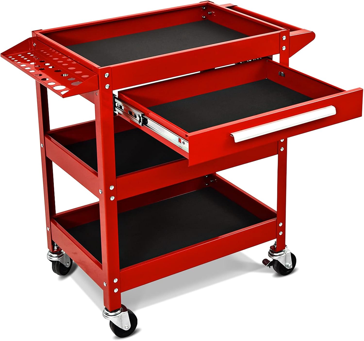 TANGZON 3-Tier Rolling Tool Cart, Utility Service Cart with Towel Rack Handle, Lockable Casters, Draw & Holes, Heavy-duty Steel Mobile Storage Trolley for Garage Warehouse Office (Red)