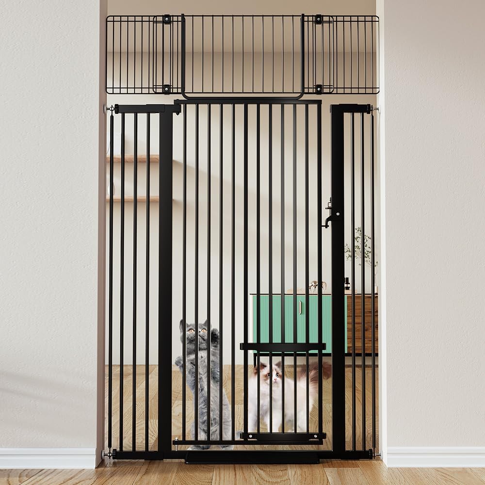 COMOMY 71" Extra Tall Pet Gate for Cats, 29.5-40.6" Extra Wide Cat Gate with Adjustable Cat Door, Pressure Mounted Easy Walk Through Pet Gate with Door for Stairs, Doorways, Kitchen, Black