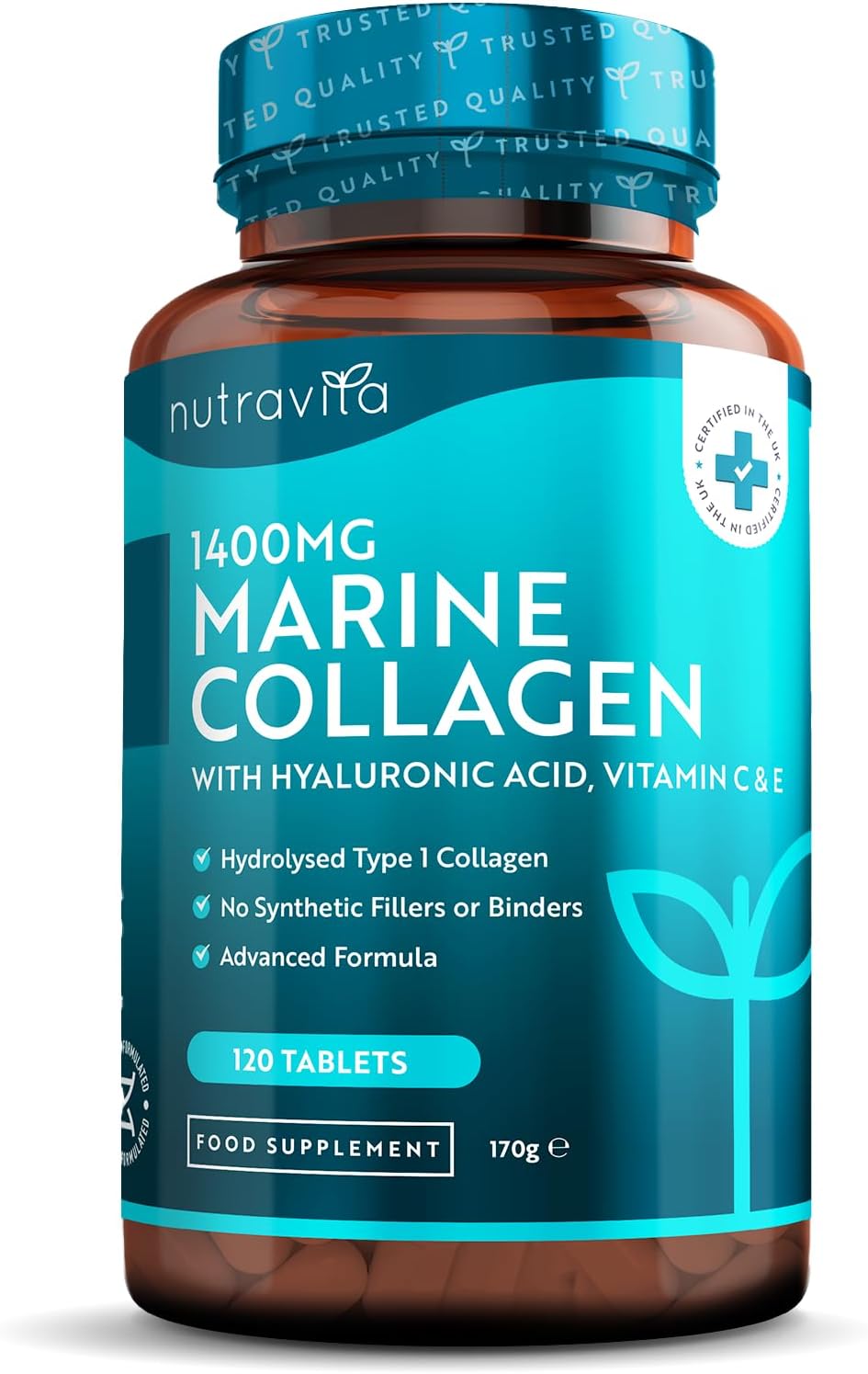 Marine Collagen Tablets 1400mg Enhanced with Hyaluronic Acid - Hydrolysed Supplements for Women and Men 120 (2 Month Supply) Vitamin C, E, Zinc Vit B2 Nutravita, Pack Of 1, 0.157 kg