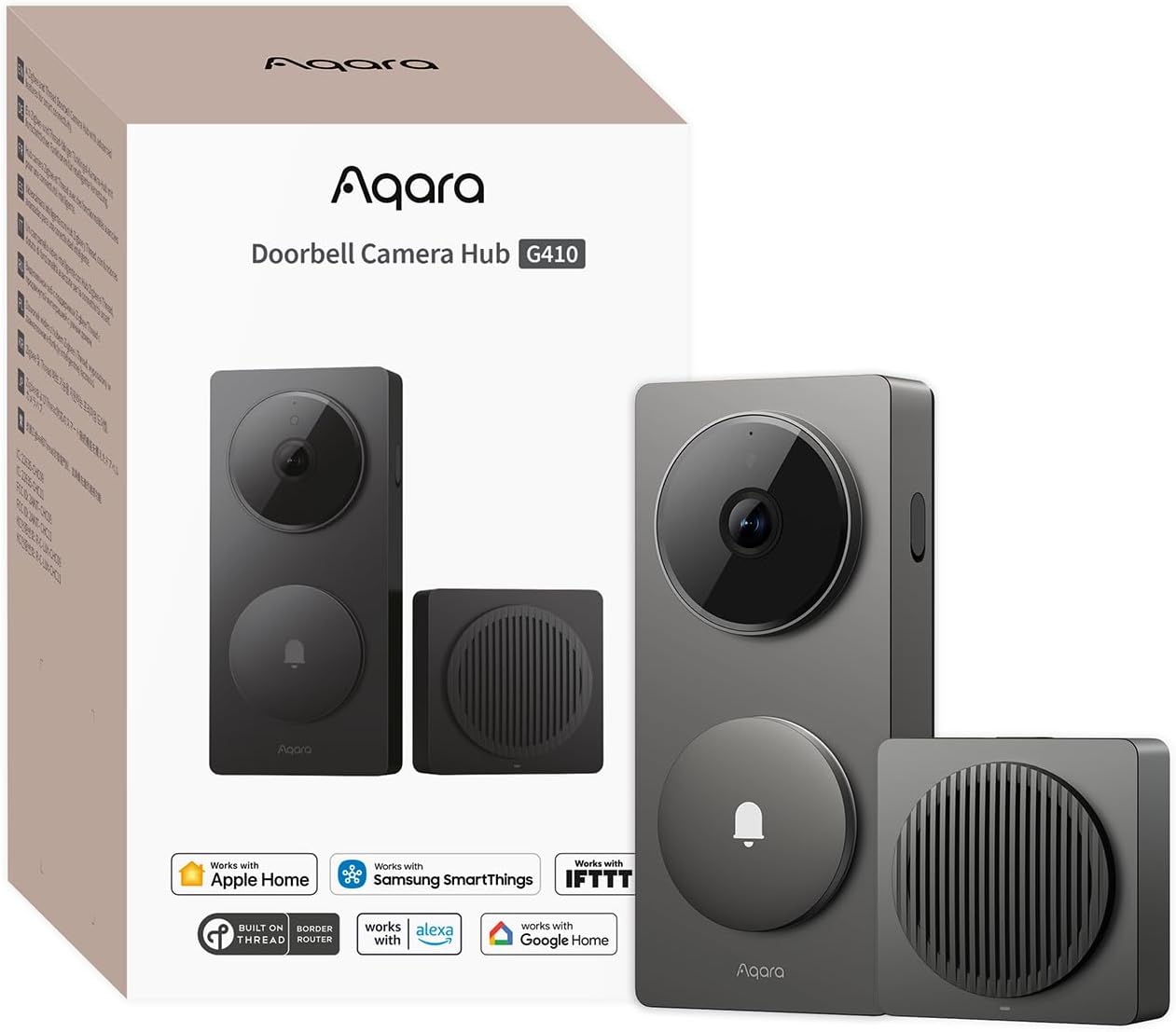 Aqara Smart Doorbell Camera G410 with Chime, 2K, HomeKit Secure Video, 2-Way Audio, Built-in Matter Hub, Wireless/Wired, Supports Apple Home, Alexa, Google, Home Assistant, 2.4G/5GHz Wi-Fi, Grey