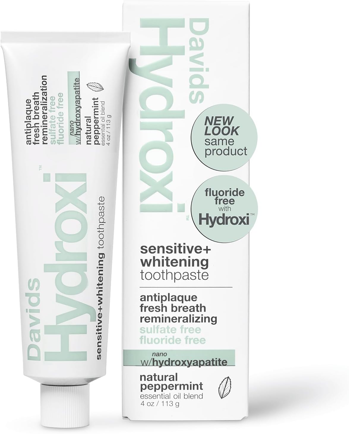 Davids Hydroxi Fluoride Free Nano Hydroxyapatite Toothpaste for Remineralizing Enamel & Sensitive Relief, Whitening, Antiplaque, SLS Free, Natural Peppermint, 4 oz, Made in USA