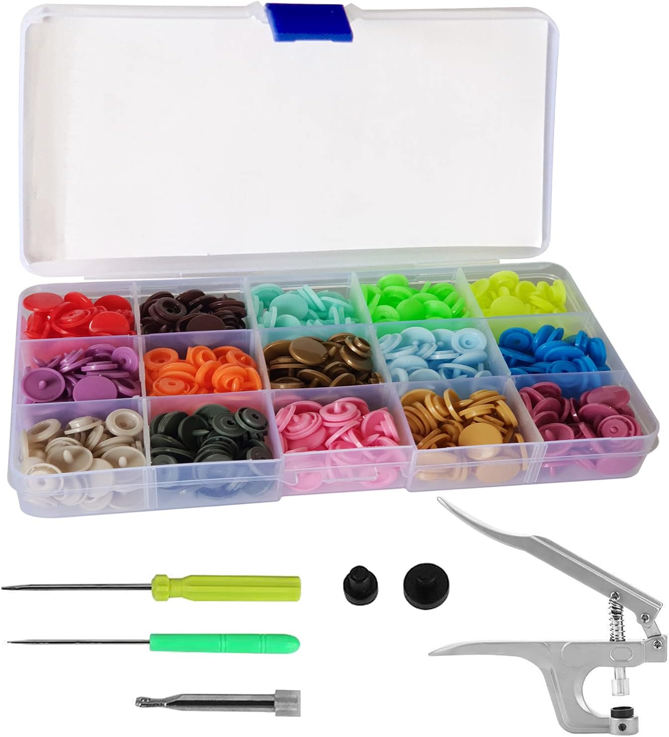 Trimming Shop 150 Sets Plastic Snaps Set with Snap Press Pliers, T5 No-Sew KAM Snap Starter Kit 15 Colors Poppers DIY Studs with Clear Storage Box for Woollen Clothing Kid Wear Fabrics Nappies Bibs