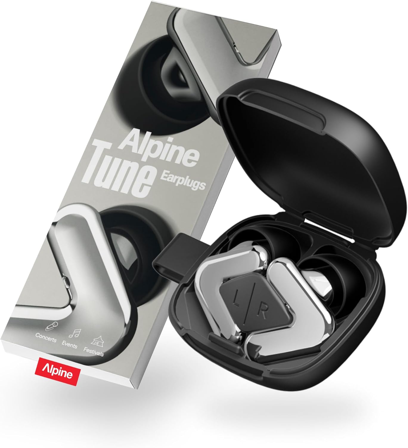 Alpine Tune Earplugs, Concert Ear Plugs with Noise Reduction, High-Fidelity Music Quality, 19dB Hearing Protection with Crystal Clear Sound, 4 Sizes Included, Gigs, Raves, Festivals & Clubs, Silver