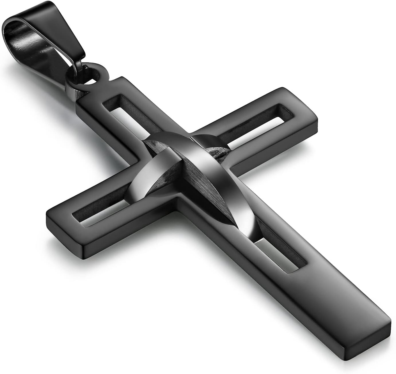 Flongo Men's Vintage Stainless Steel 2 Tone Hollowed Dual Cross Pendant Necklace, 22 inch Chain