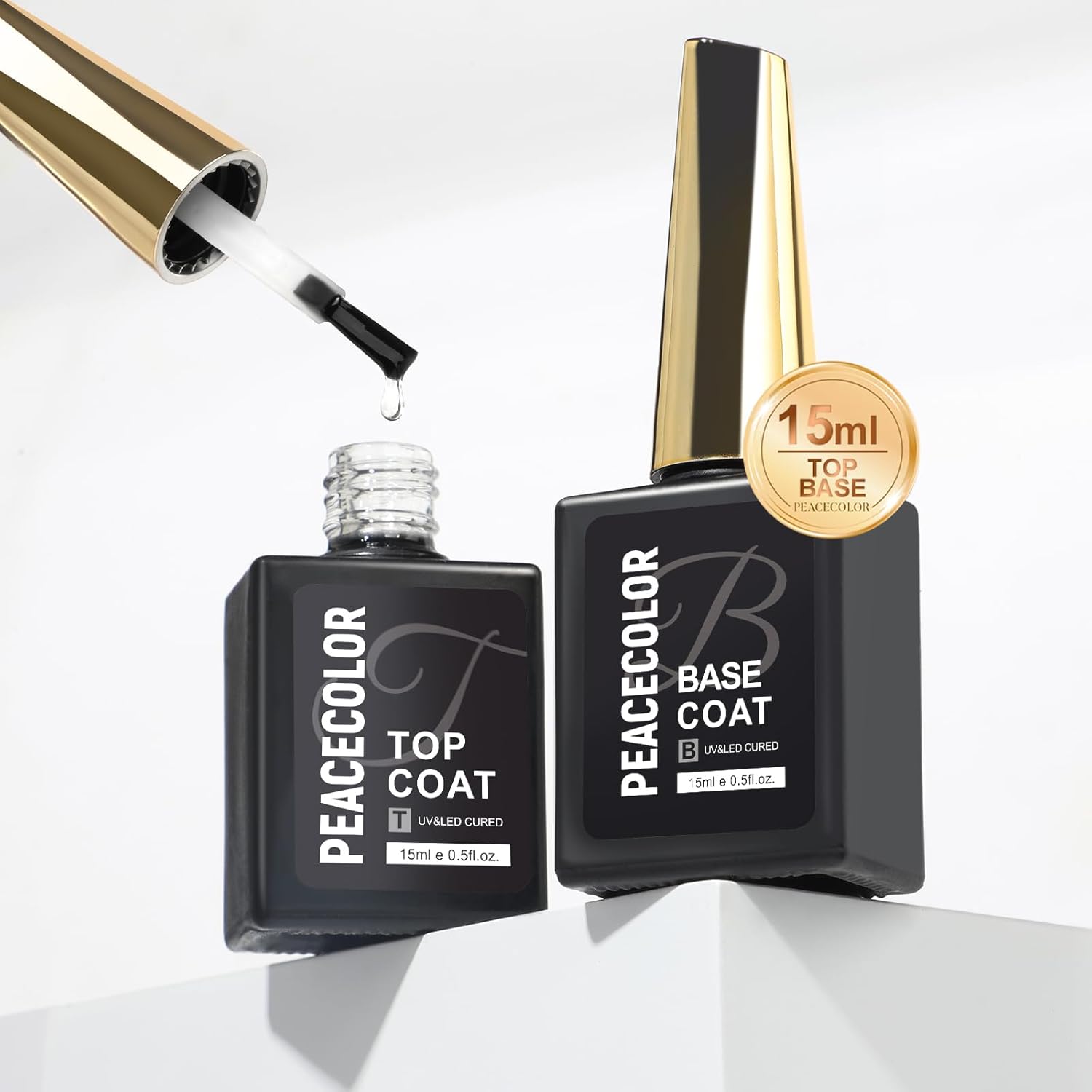 Peacecolor 15ML Gel Nail Polish Top Base Coat Set- No Wipe Gel Top Coat and Base Coat,Shine Finish Long Lasting Nail Art Manicure Pedicure for Home Use DIY and Nail Salon