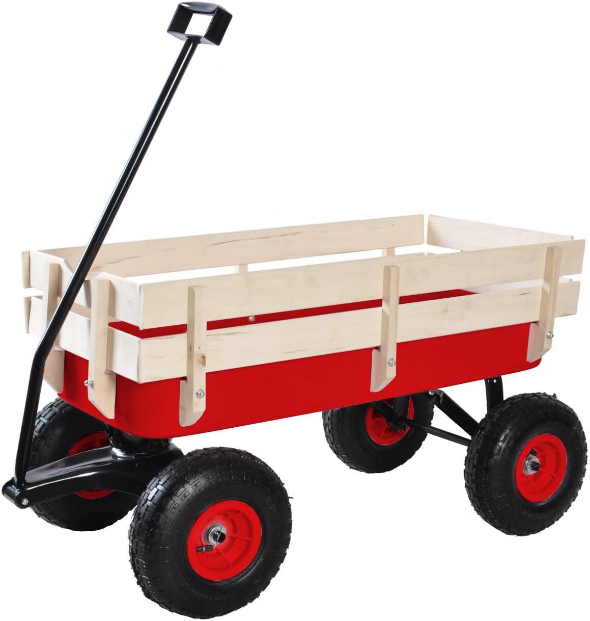 Petfu Outdoor Wagon,Garden Carts,Garden Wagon,All Terrain Pulling,Air Tires,for Children Kid,with Wood Railing,All Steel Wagon Bed,for Outdoor Farm Yard Garden,39.37" L*19.3" W*20.28" H,Red