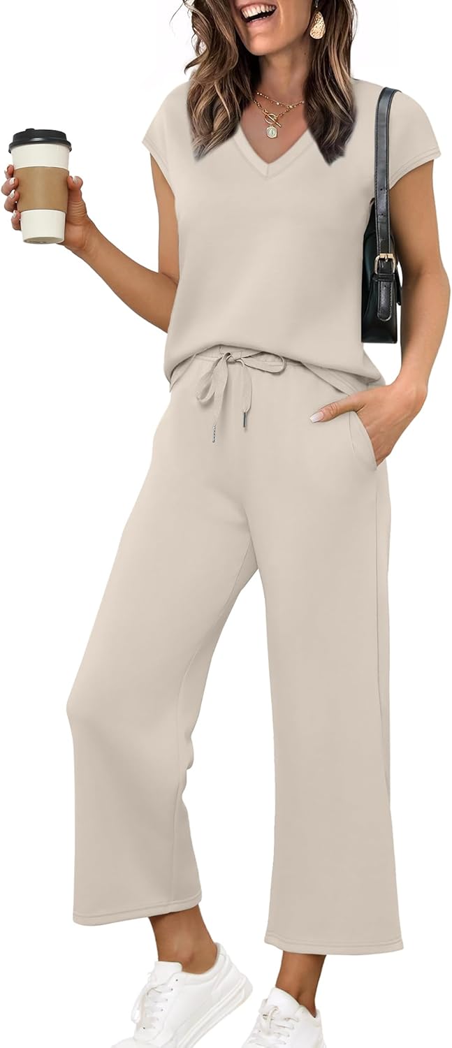 Saloogoe Two Piece Sets for Women Summer Outfits Lounge Sets V Neck Tops Wide Leg Pants Woman Vacation Travel Outfits