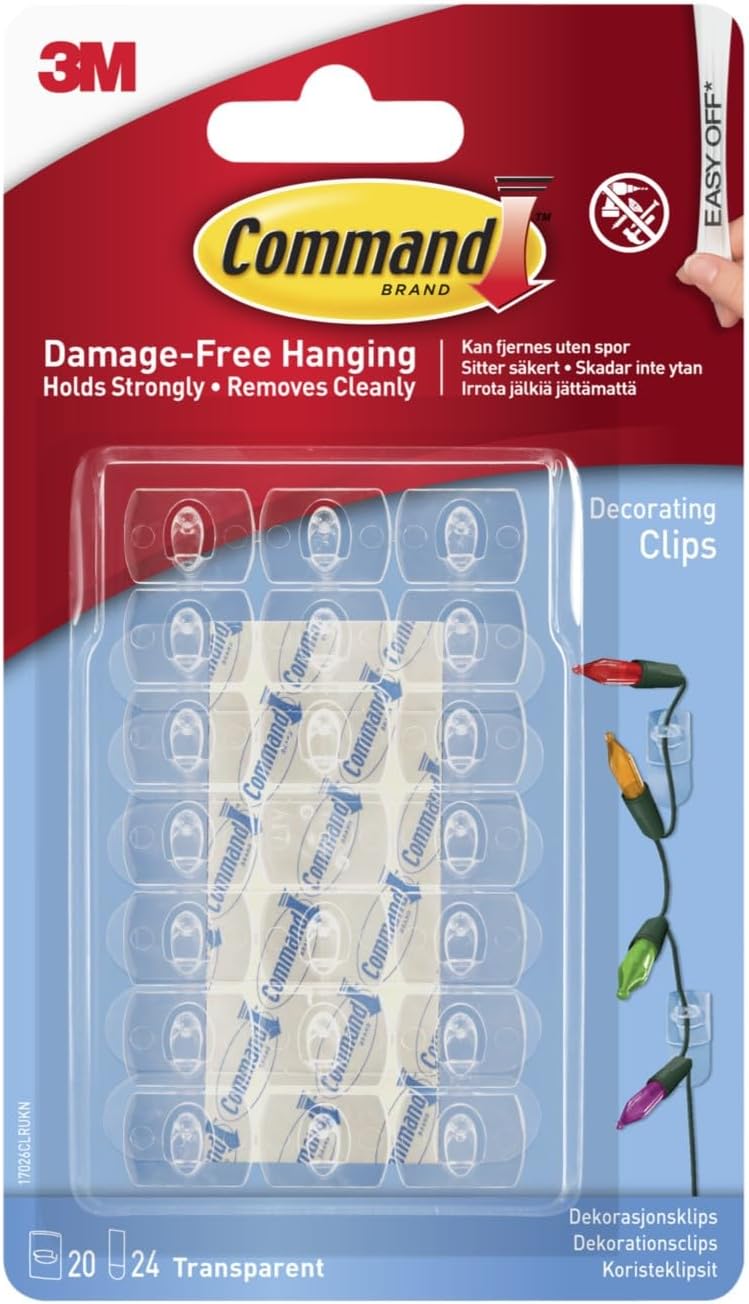 Command Decorating Clips, Pack of 20 Mini Hooks and 24 Small Strips, Transparent - Hanging Clips for Decorations and Fairy Lights, Wall Adhesive - Damage Free