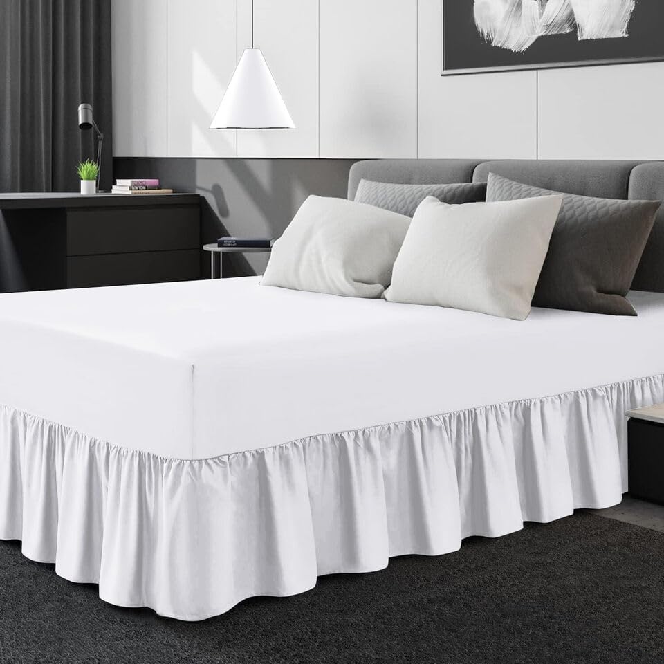 Easy Care Plain Dyed Polycotton Valance Sheet Super Soft Shrinkage Fade Resistant Frilled Valance Bed Skirts Extra Deep Fitted Valance Bed Sheets (White, Double)