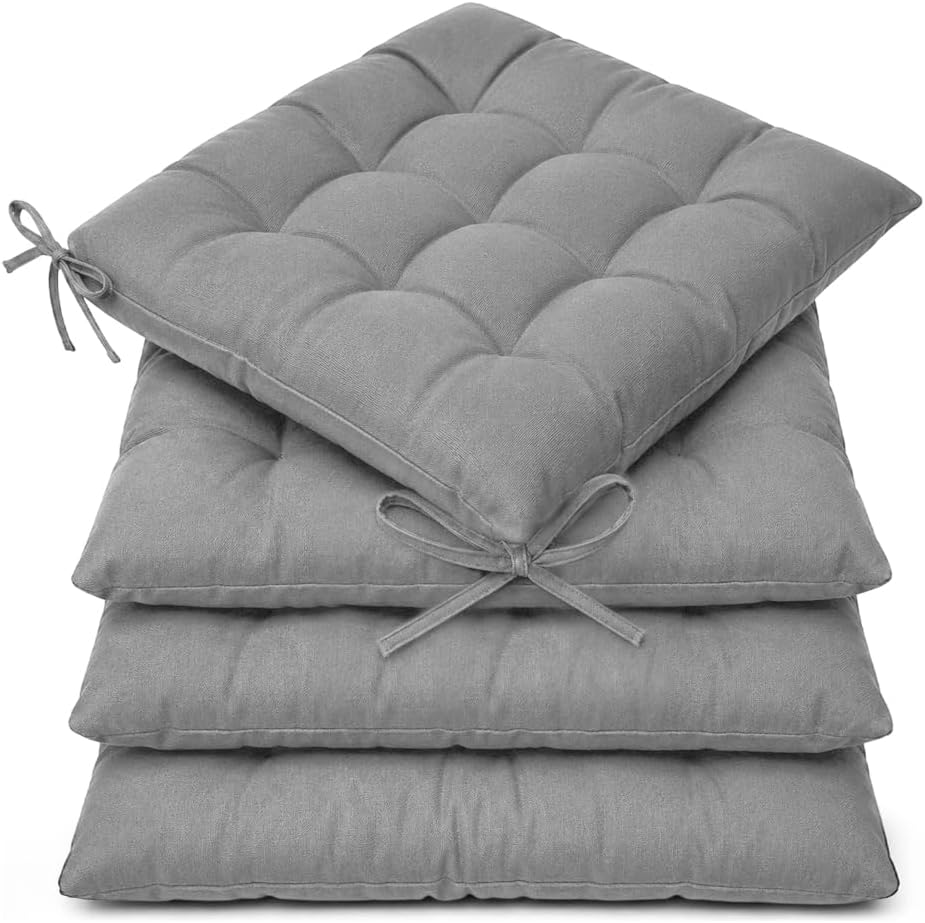 Casabella Pack of 4 Seat Pad for Dining Chair Garden Kitchen Chair Cushion With Tie On_9 Stitch_Silver Indoor/Outdoor Comfortable chair pads for Kitchen seat pads 9 stitch cushions