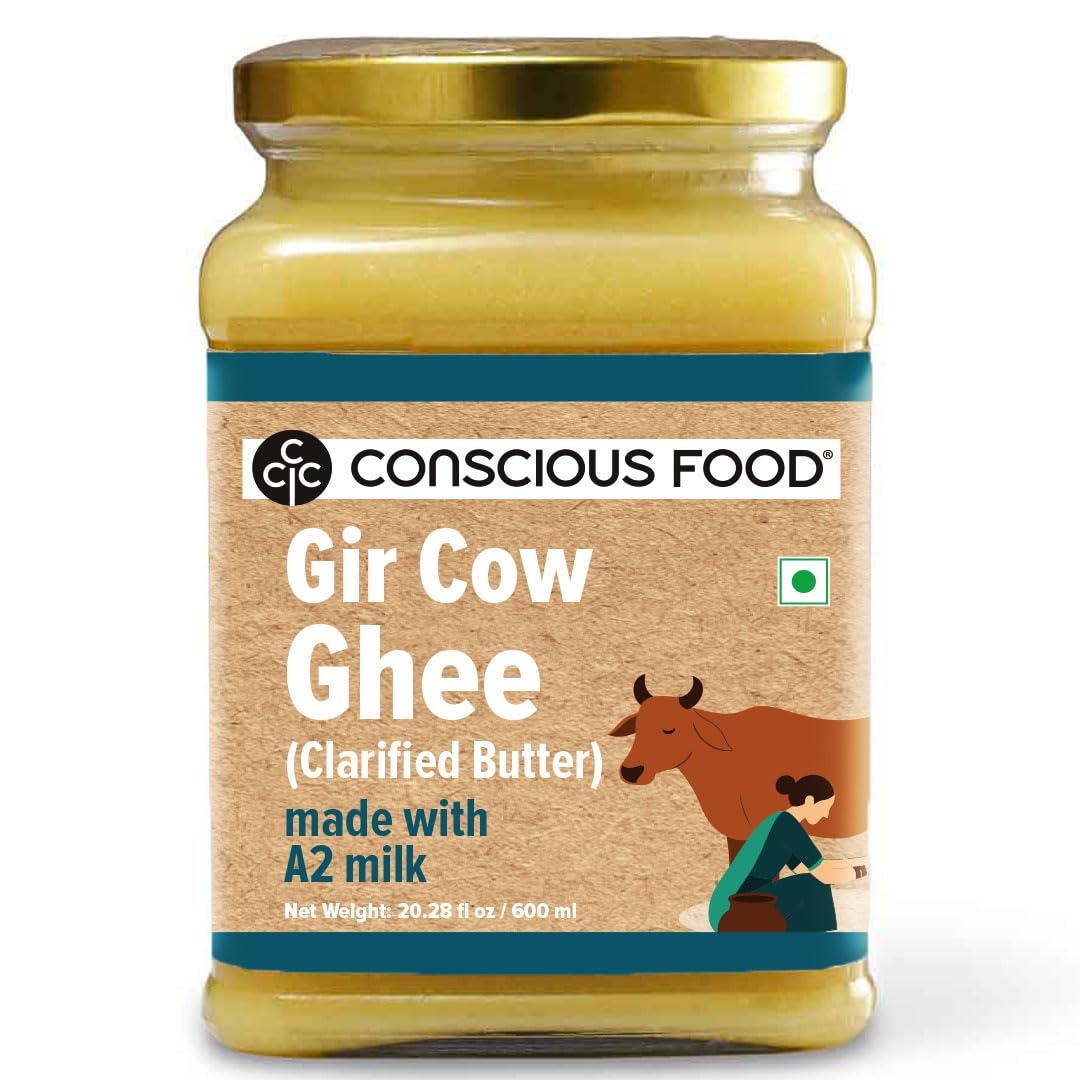 Conscious Food A2 Gir Cow Ghee 20.28 fl.oz - Clarified Butter from Grass-Fed Gir Cows | Hand-Churned (Bilona Method) | Ayurveda-Inspired | Rich Flavor & Aroma
