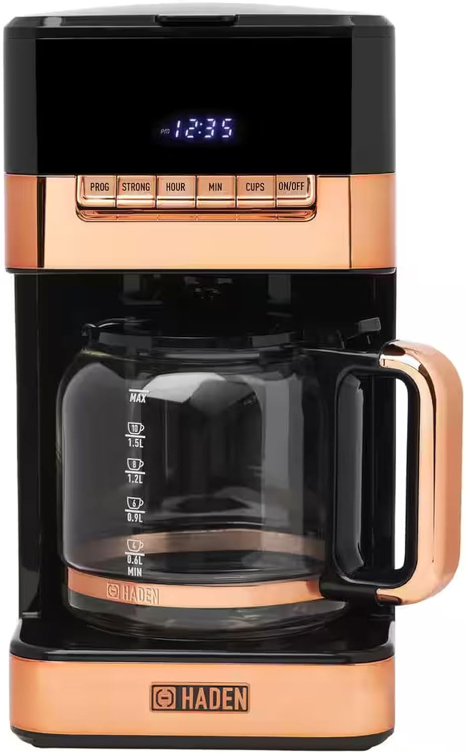 HADEN Quintessential 12 Cup Brew Coffee Maker, 120 Min Keep Warm, Delay Brew, Adjustable Strength, Programmable Clock, 30s Anti Drip, Black/Copper