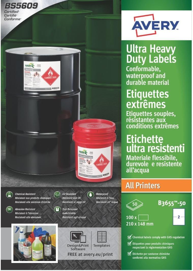 Avery B3655-50 (210 x 148.5mm) Extra Strong Adhesive, Ultra Heavy Duty Industrial Waterproof GHS Labels, 2 Labels Per A4 Sheet