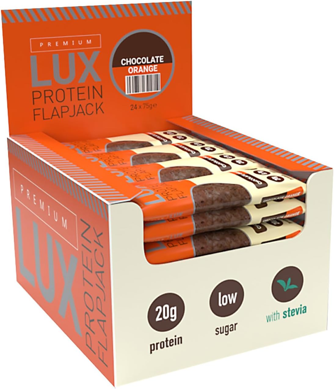 BW Premium LUX 20g High Protein Flapjack Bars 24 x 75g - Oat Based Low Sugar Snack - Bodybuilding Warehouse (Chocolate Orange)