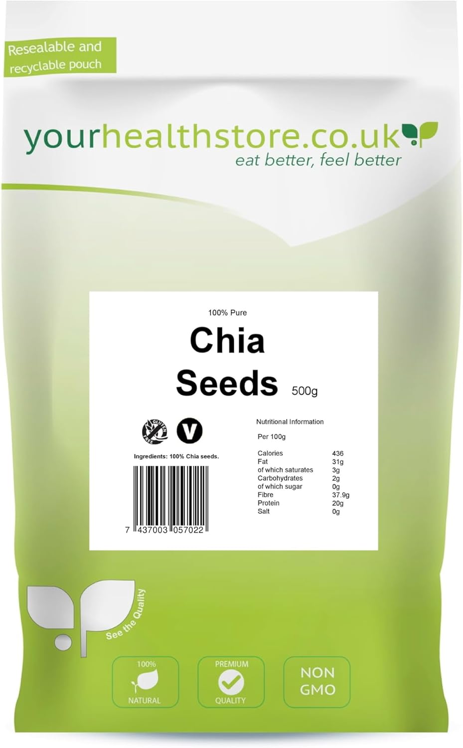 yourhealthstore Raw Chia Seeds 500g, 100% Natural, Vegan, High in Fibre, Gluten Free, (Resealable and Recyclable Pouch)