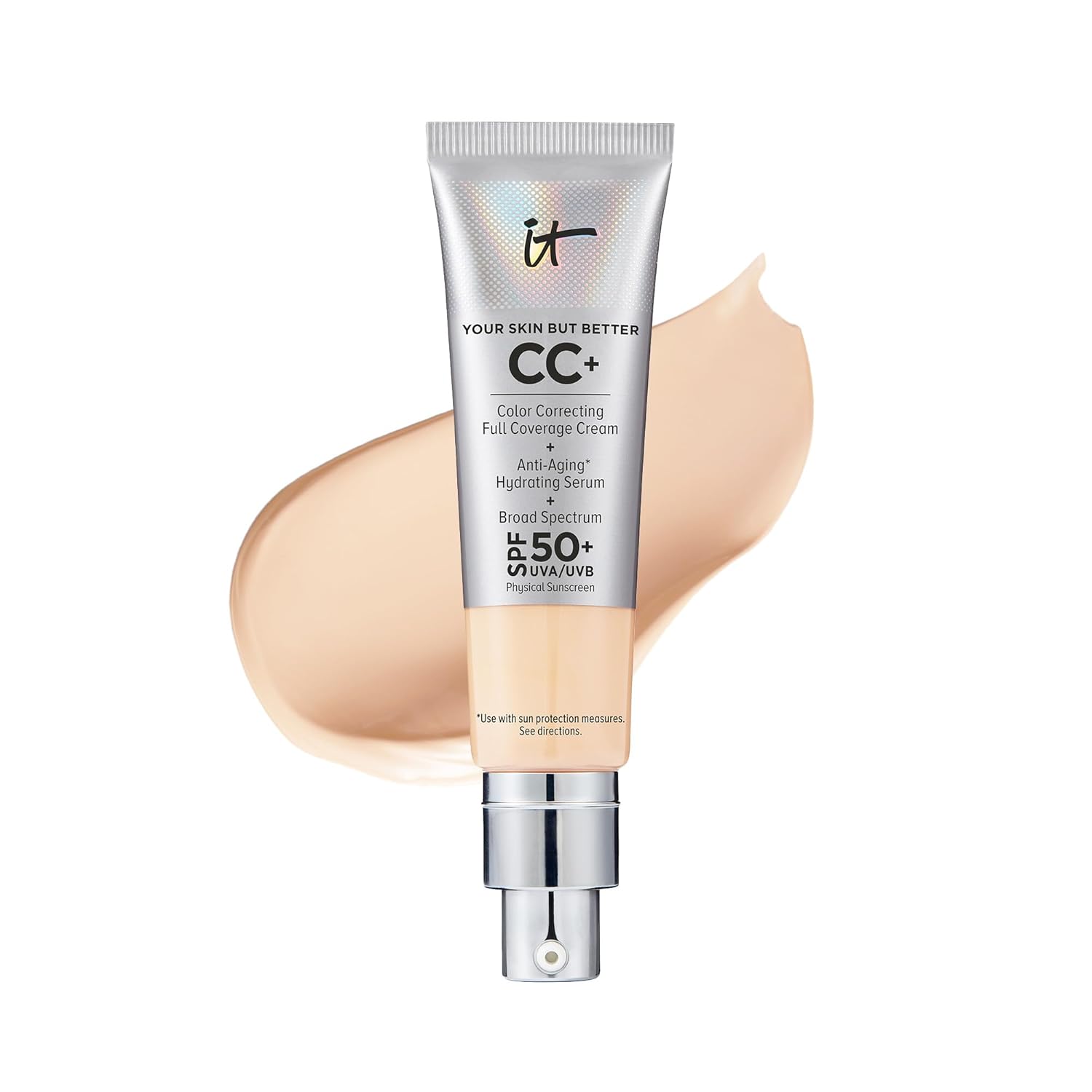IT Cosmetics CC+ Cream - Full-Coverage Foundation With SPF 50, Color Corrector & Anti-Aging Serum, Formulated With Niacinamide & Hyaluronic Acid, Natural Finish, For All Skin Types, 1.08 fl oz