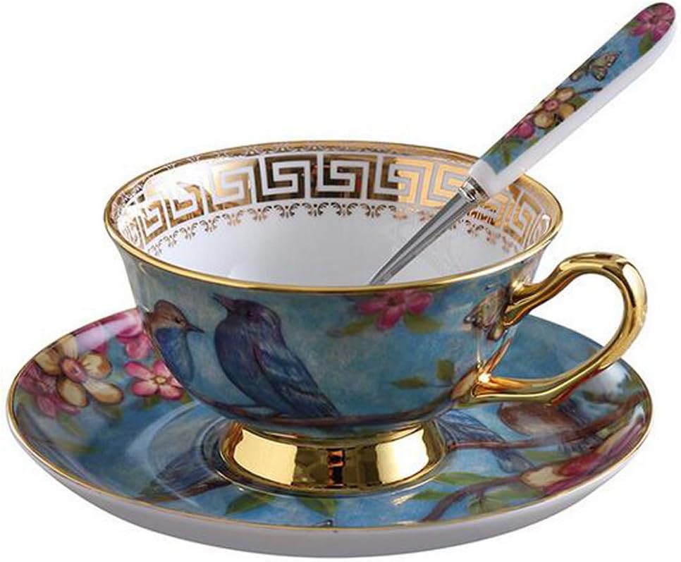 Eplze YBK Tech Euro Style Cup& Saucer Set, Bone China Teacup Coffee Cup for Breakfast Home Kitchen- Birds and Trees Patterns (Blue)