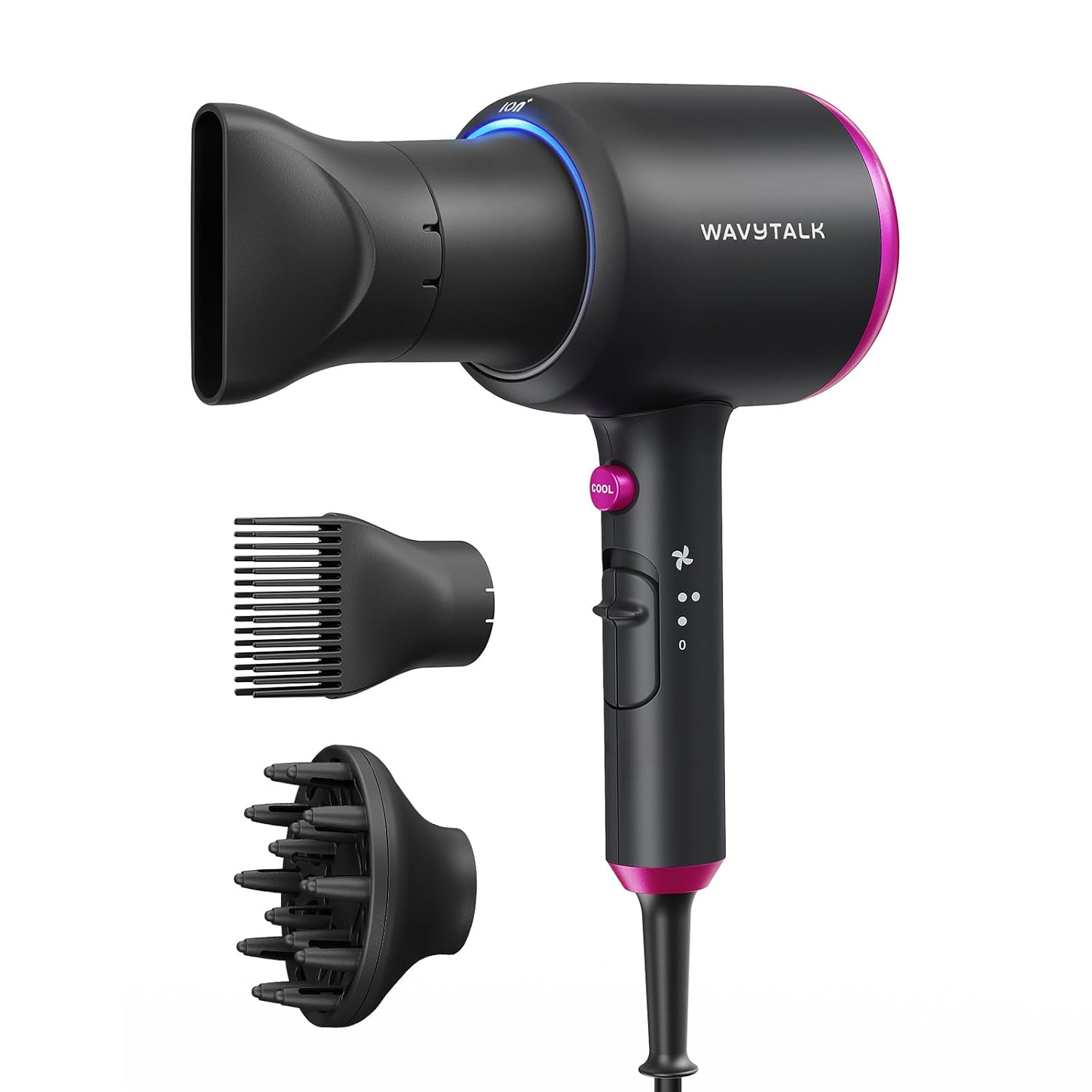 Wavytalk Hair Dryer with Diffuser, Blown Away Ionic Hair Dryer for Curly Hair with Comb, 1875W Fast Drying Blow Dryer with Ceramic Technology, 3 Attachments for All Hair Types, Light and Quiet, Black