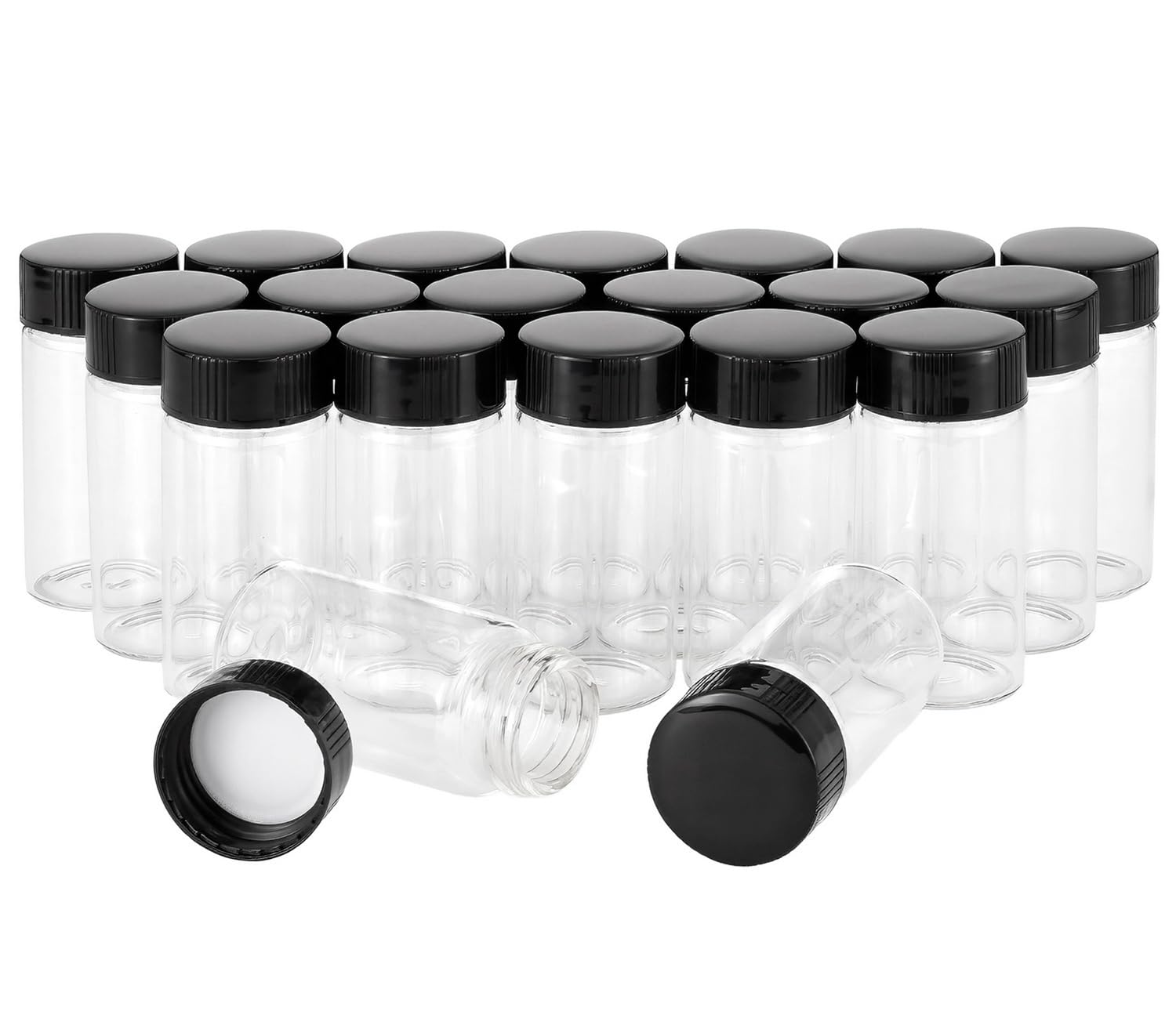 Unxuey 20 pcs 20 ml (2/3 Oz) Clear Glass Vials Sample Glass Bottles with Plastic Screw Black Cap Transparent Lab Vials Container