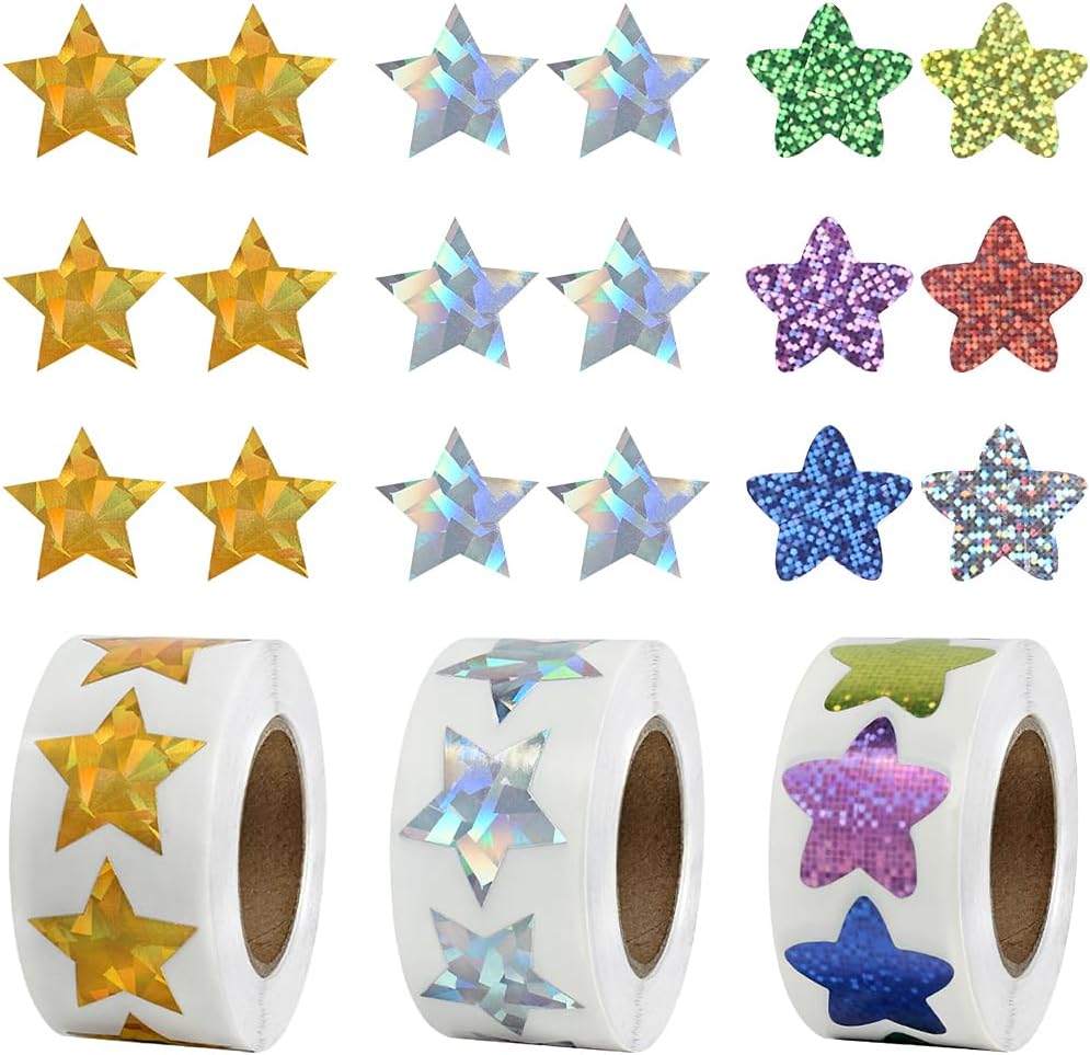 1500PCS Shiny Reward Stickers, IKR 3 Roll Motivational Holographic Star Stickers for Children Students Teachers Classroom
